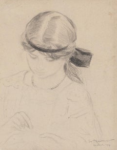 French school, A young girl embroidering, study, 1917, signed and dated drawing
