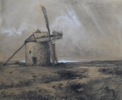 Henri Jourdain (1864-1931) « A Mill in Belle le en Mer », dessin signé