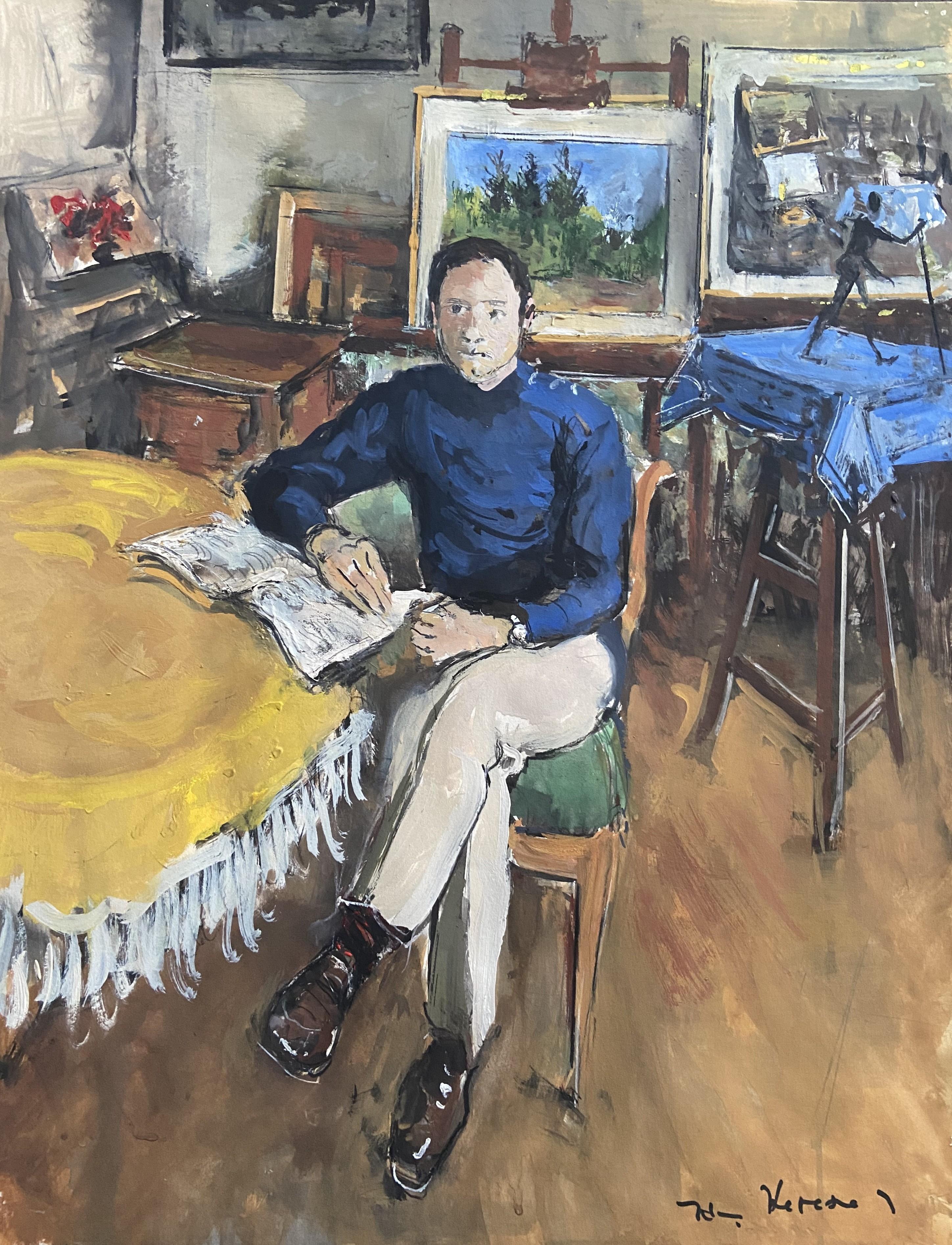 Jacques Thévenet Figurative Art - Jacques Thevenet (1891-1989) Portrait of a man in the studio, signed Gouache