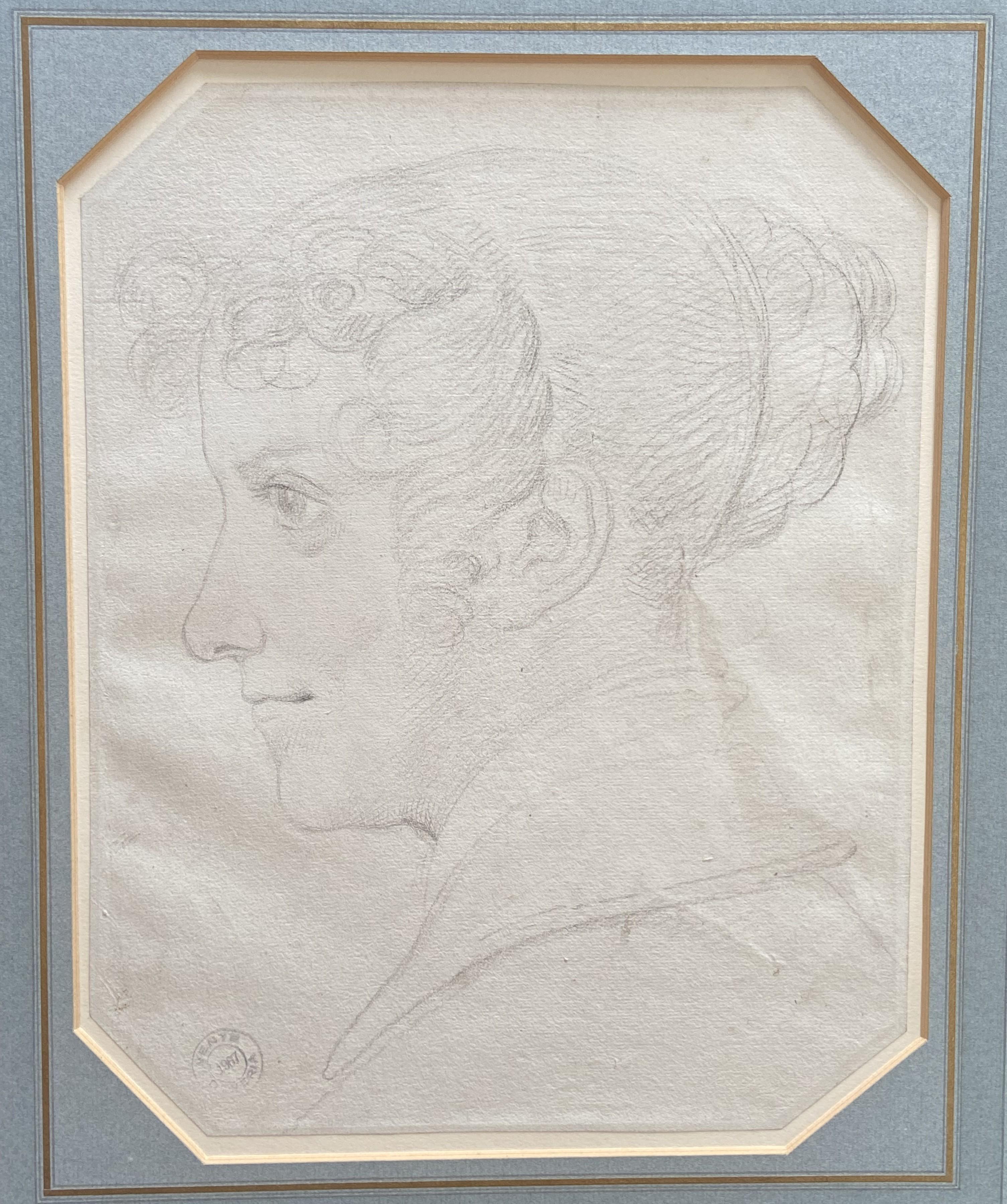 Achille Devria (1800-1857) Eine junge Frau im Profil zu sehen, Originalzeichnung – Art von Achille Devéria