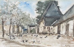Edouard Dufeu (1836-1900)  A Farm courtyard, signed Watercolor