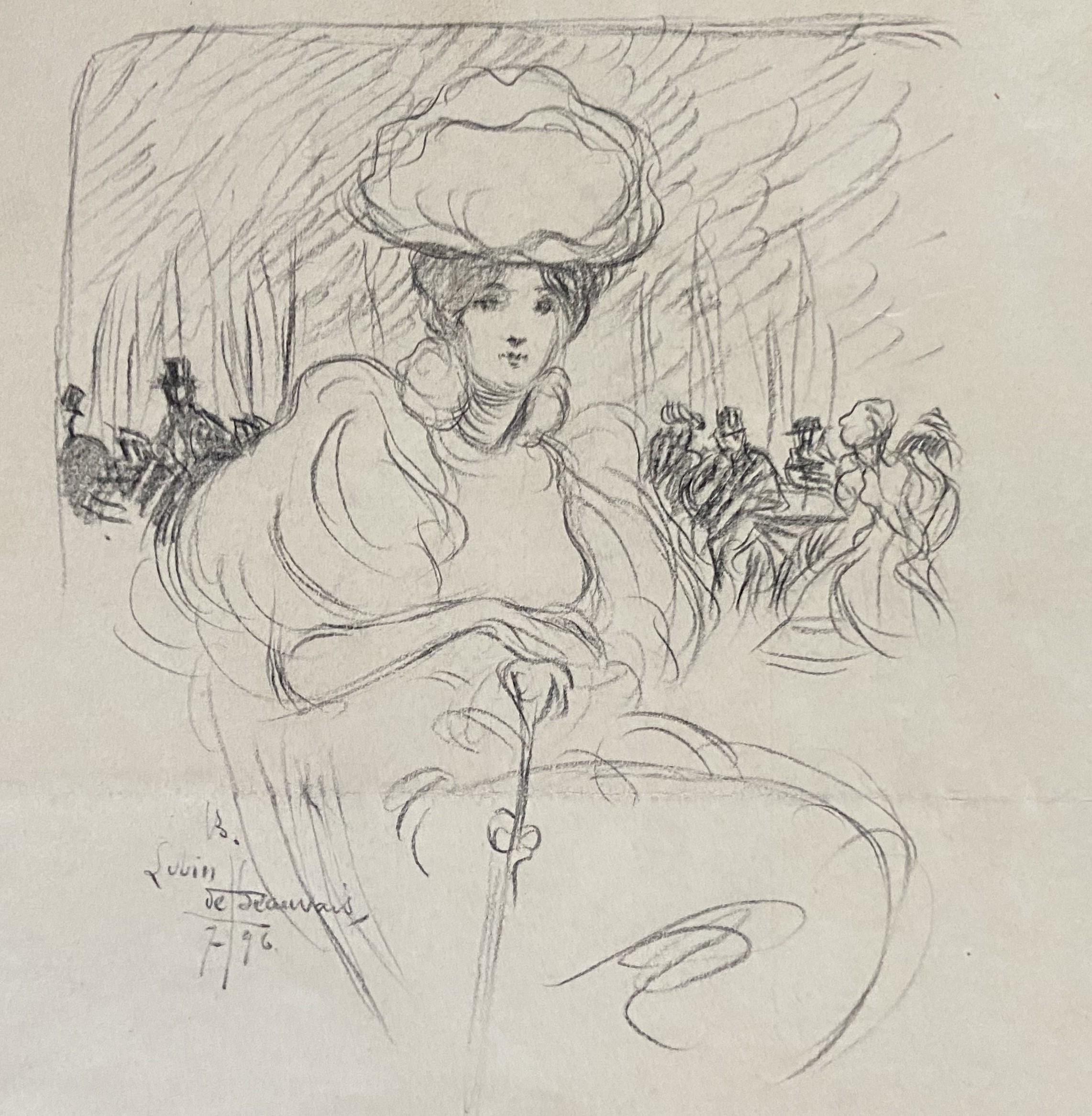 Lubin de Beauvais (1873-1917) An elegant woman at the café 1896, signed drawing 