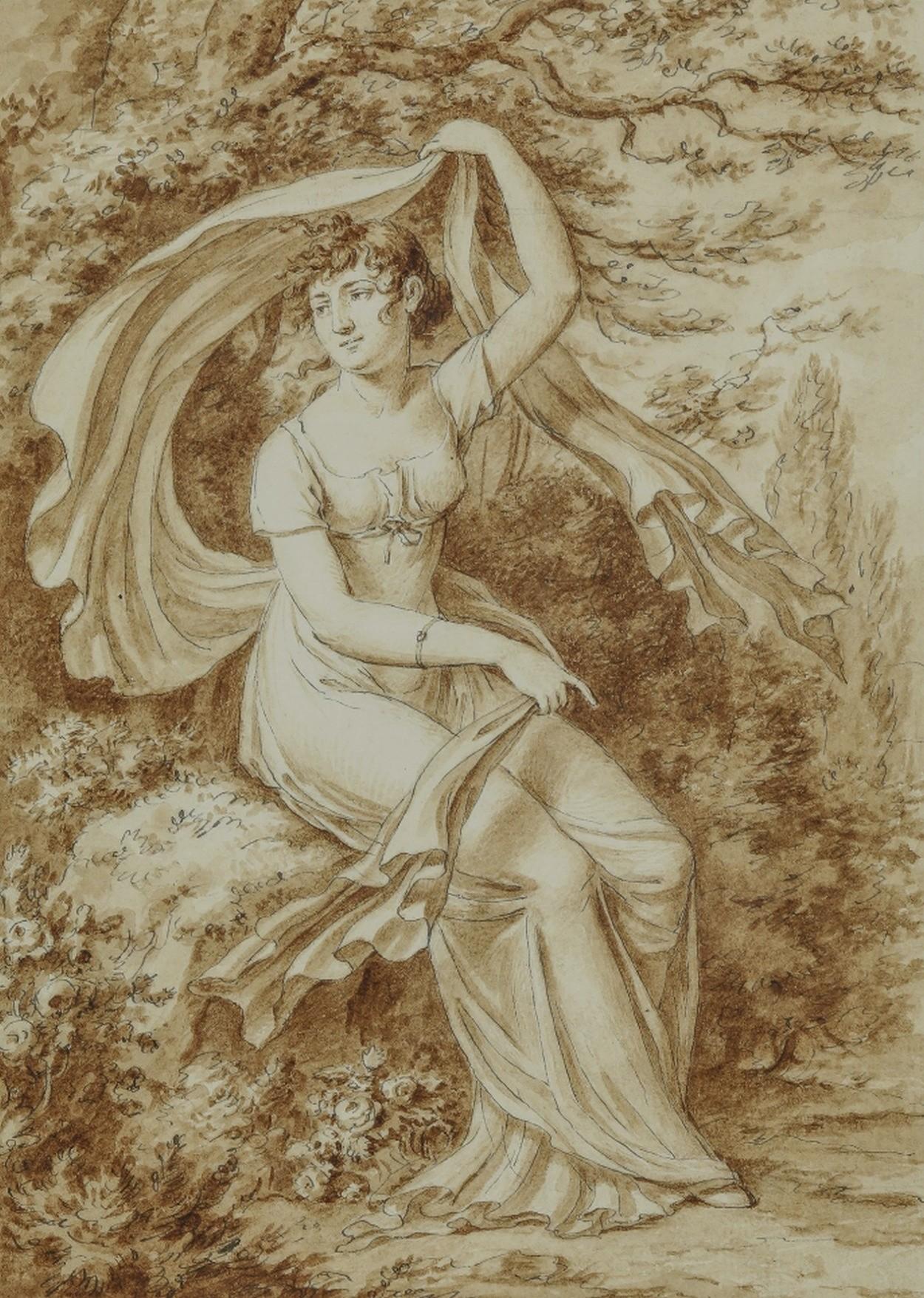 Jean-Henri Cless (1774-1812) 
Porträt einer jungen Frau in einer Landschaft
signiert "Cless fec" für fecit unten links 
Braune Tinte und lavierte braune Tinte auf Bleistift
Größe des Blattes: 31,5 x 22 cm
Größe des Motivs: 24,5 x 17 cm
sehr einfach