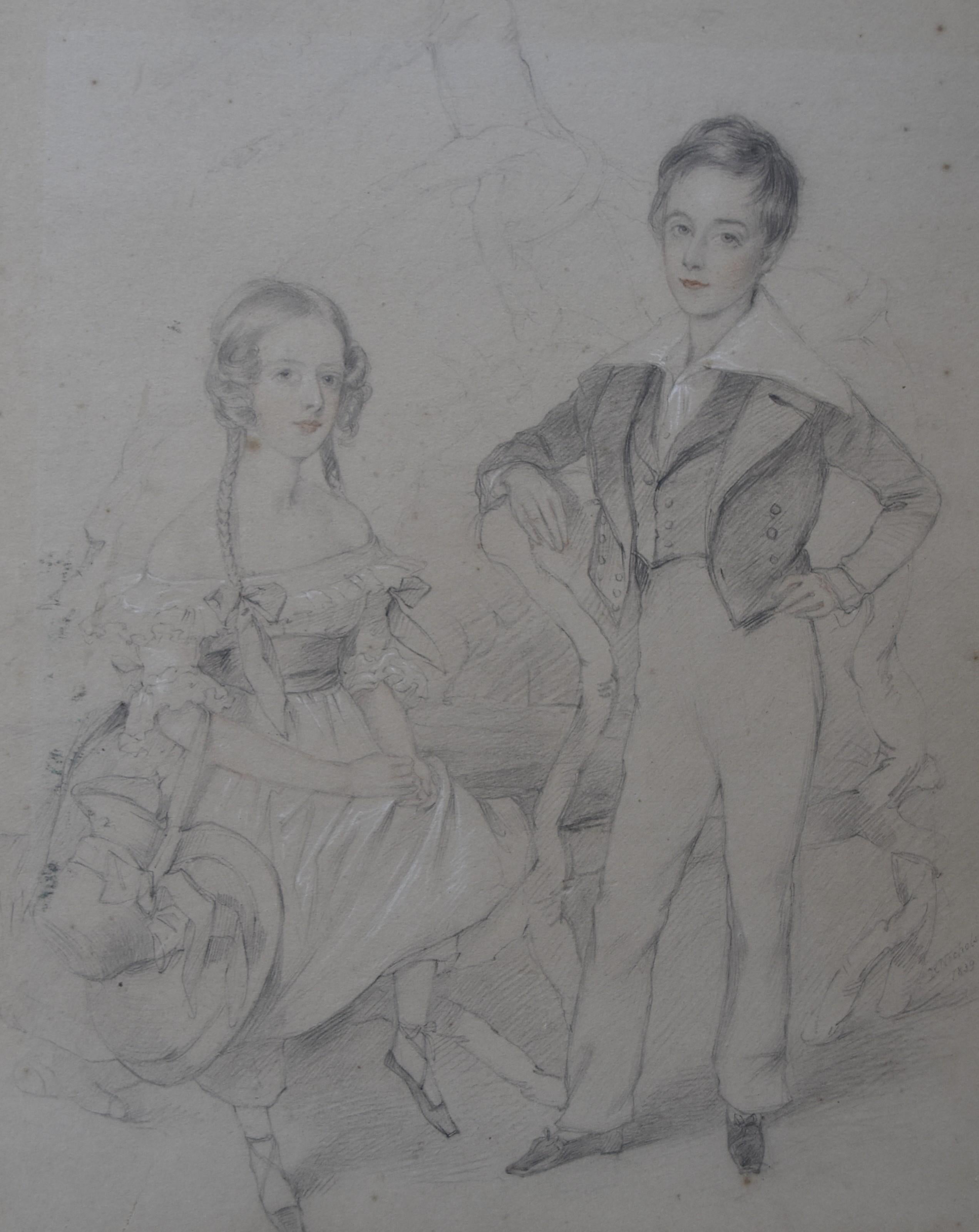 English School early 19th century, Portrait of two children, drawing
