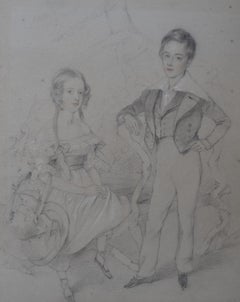 École anglaise du début du XIXe siècle, portrait de deux enfants, dessin