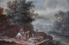 École française du 18ème siècle, paysage avec un cheval et des paysans, gouache  