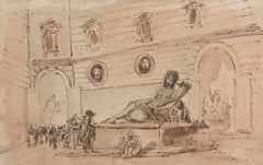 18th Century Roman School , A Palazzo with antiques, drawing