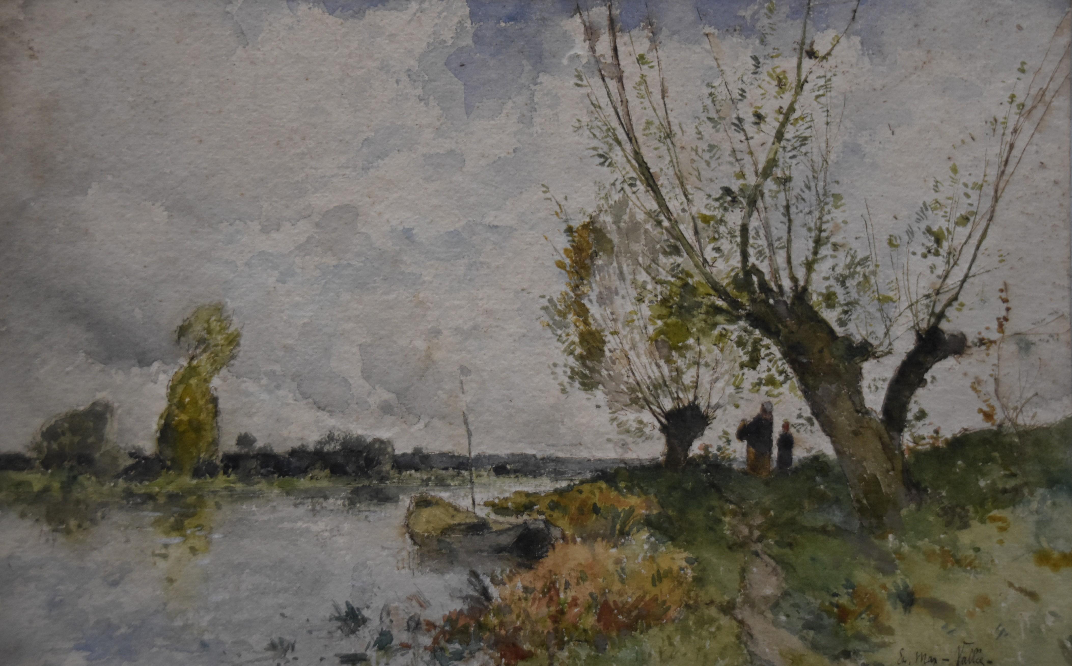 Etienne Maxime Vallée (1853-1881)  
Landscape at the river, 
signed lower right
watercolor on paper
19 x 31 cm
In a vintage frame, very damaged and a bit oversized on the left and right borders, see photographs please, 17 x 39,5 cm


This small