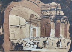 École romantique, intérieur d'un temple, dessin à l'encre