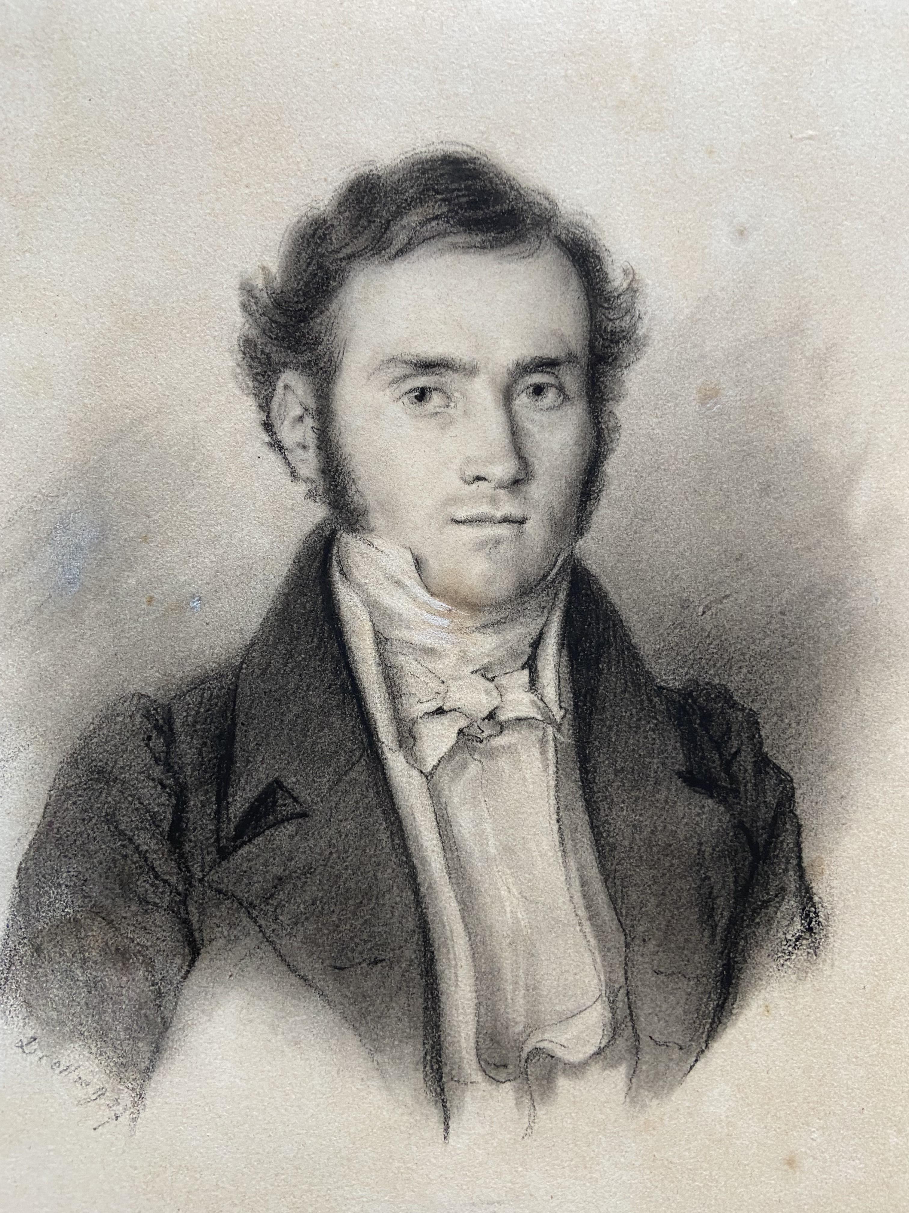 Michel Martin Drolling (1786-1851) 
Portrait of a man, 
signed lower left and dated (18)27 or (18)37 ?
black chalk on paper
22 x 17 cm
In good condition, except some stains and foxings as visible on the photographs
In a vintage frame : 39 x 32.5