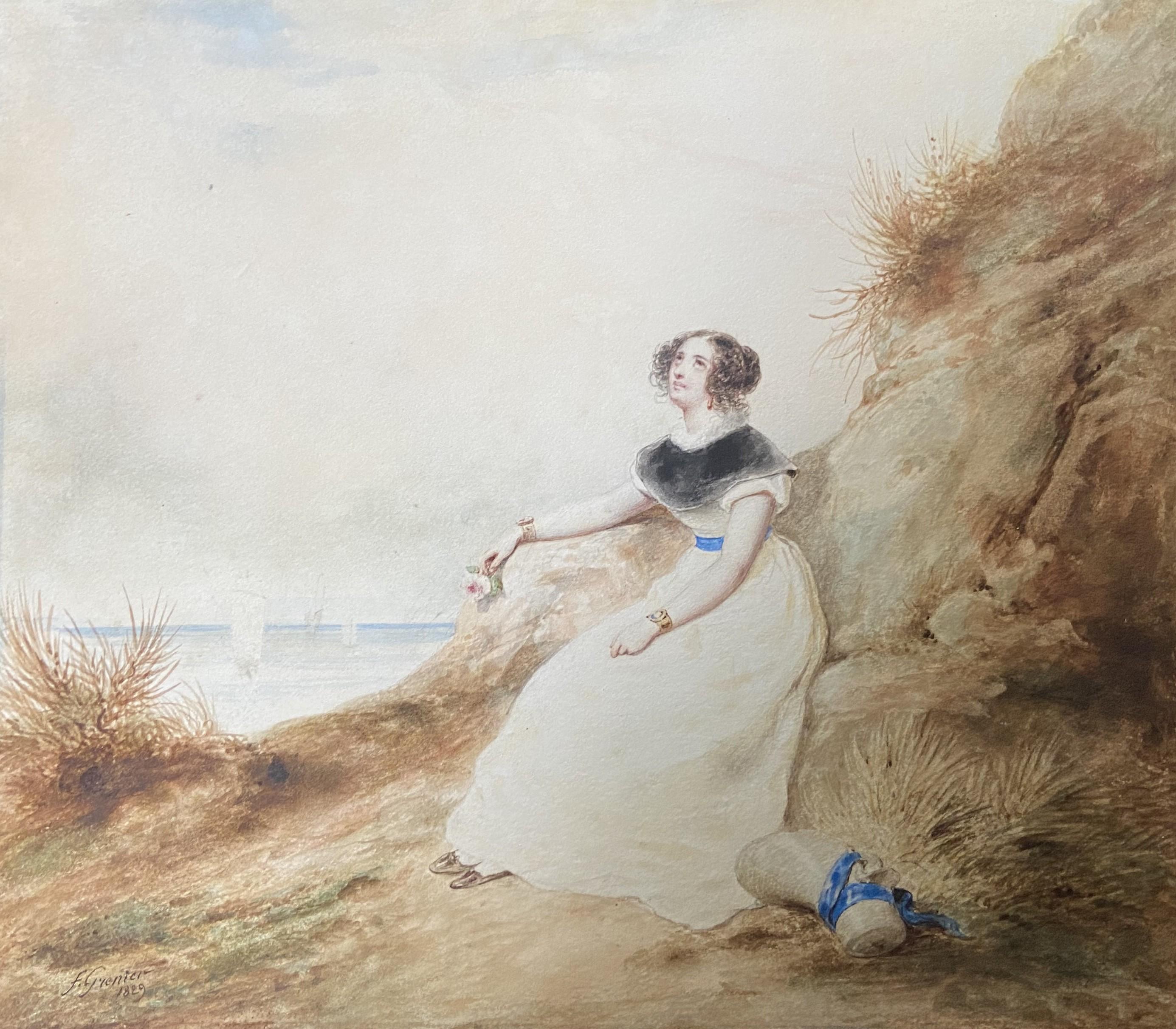 Francois Grenier de Saint Martin (1793-1867) 
A Young Lady on the beach, 1829, 
signed and dated on the lower left
watercolor on paper
17 x 19.5 cm
Framed 30 x 32.3 cm

In many ways, this delicate watercolor is archetypal of Romantic art: the