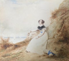 Antique Francois Grenier de Saint Martin (1793-1867) Lady on the beach, 1829, watercolor