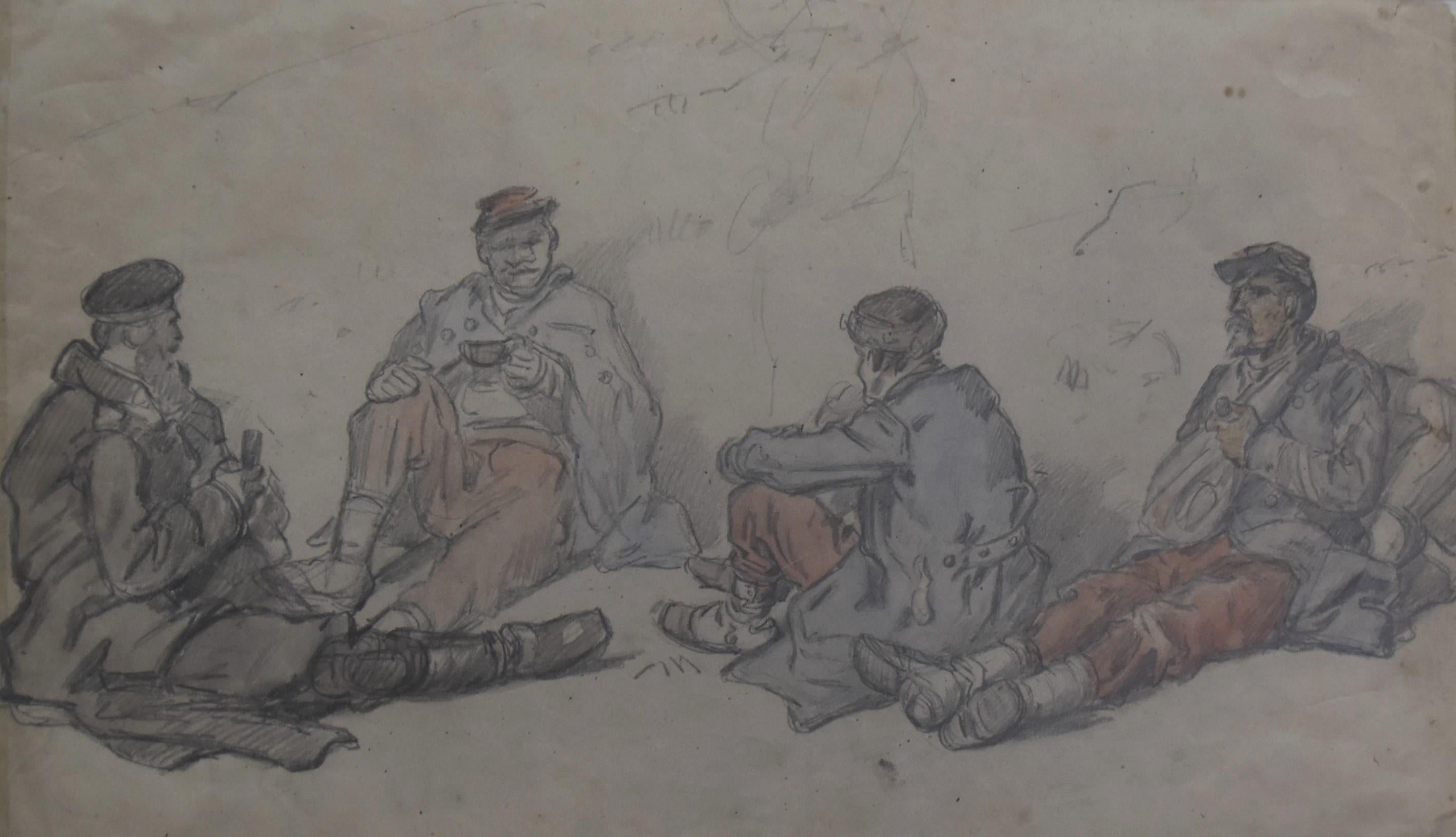 Auguste Gardanne (circa 1840- circa 1890)
Soldiers at rest during the franco-prussian war of 1870
Watercolor on paper
On the reverse Study of a battlefield (?)
Pencil on paper
Mark of the Ullmann Collection (Lugt 3533) on the lower right corner on