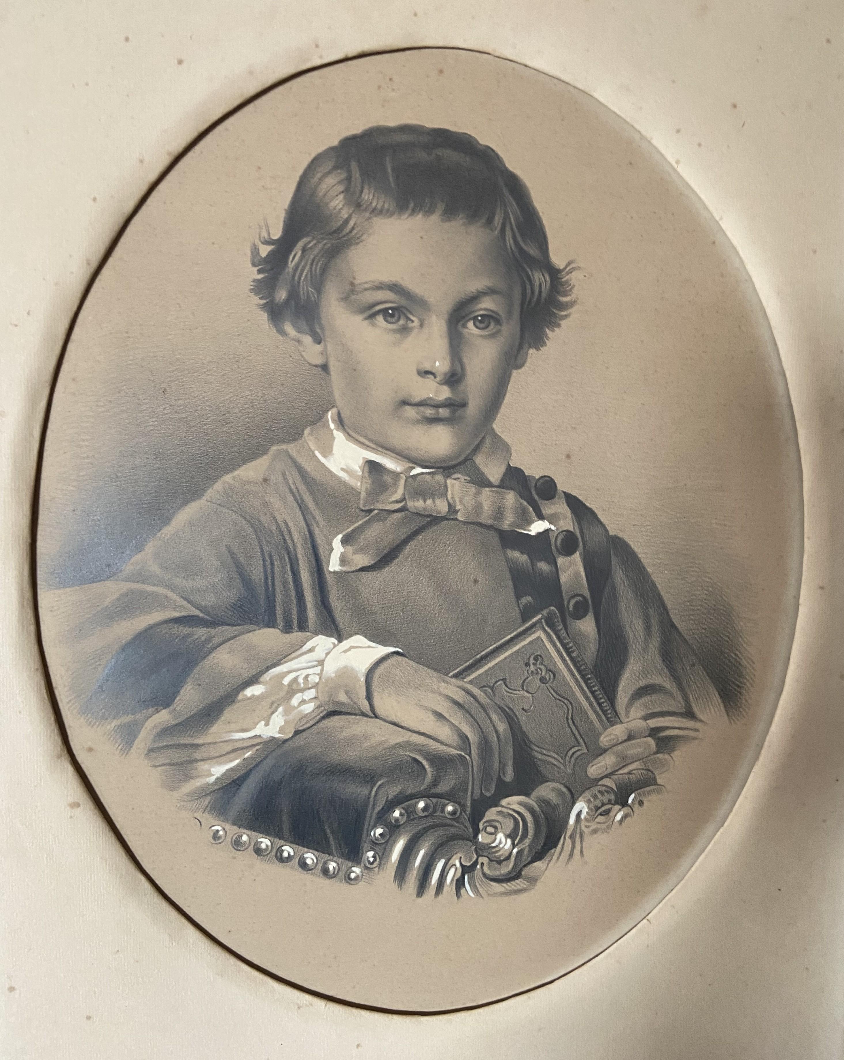 Portrait d'un garçon tenant un livre, dessin de l'école française, circa 1880