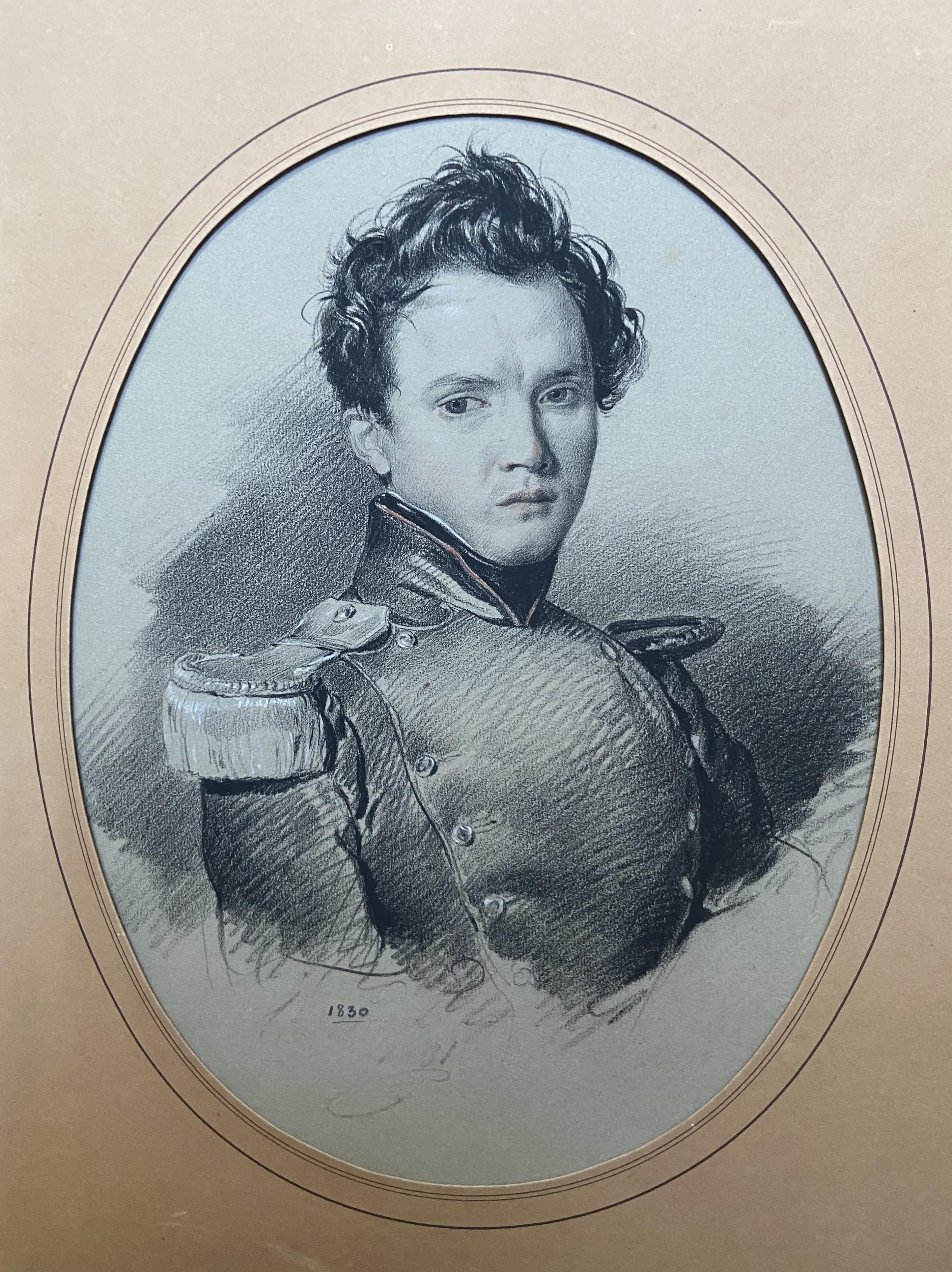 French School 19th Century, Portrait of a young soldier, dated 1830, drawing - Romantic Art by Unknown