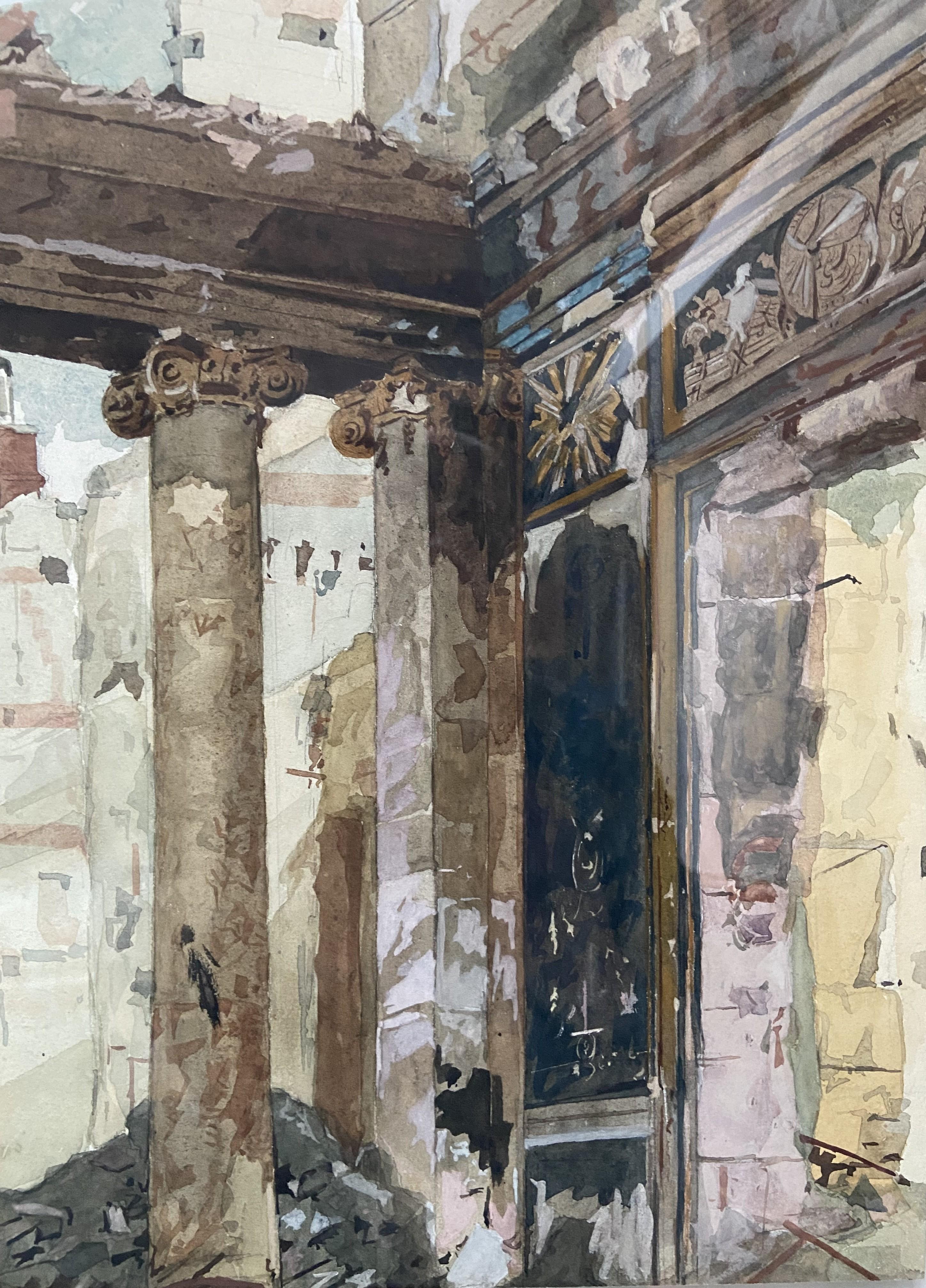 École française du 20e siècle, colonnade en ruines, aquarelle