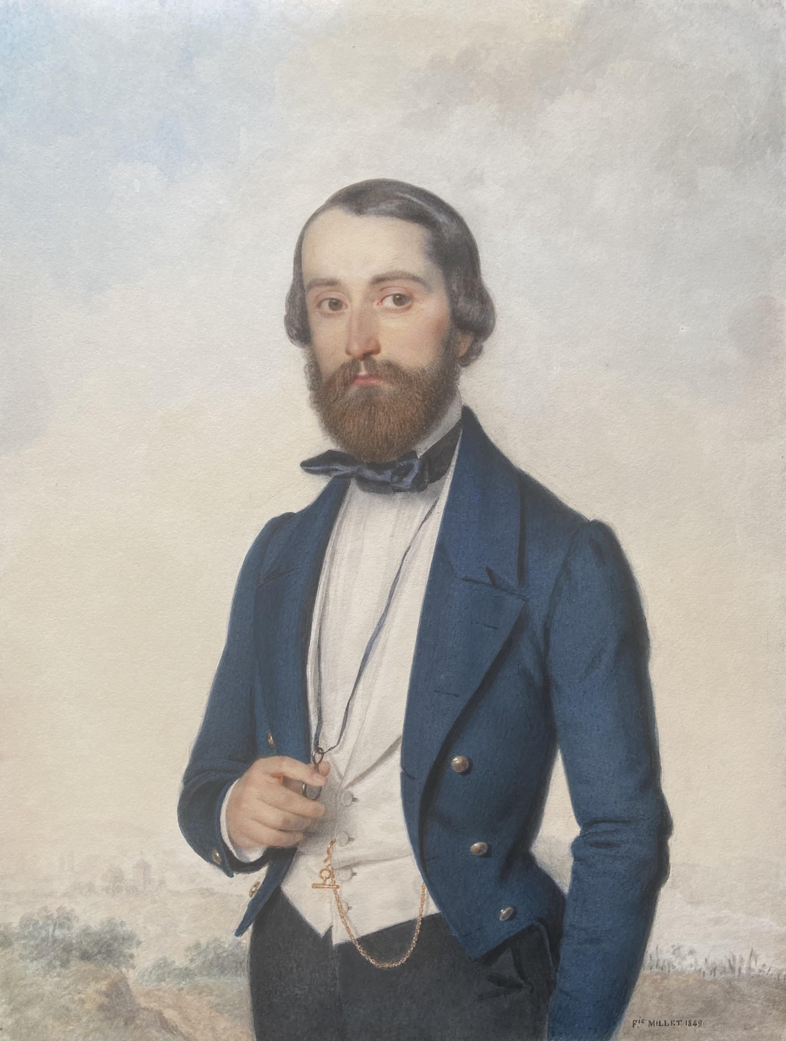 Frédéric Millet (1786-1859) 
Portrait d'un gentleman, 1849 
signé  et daté en bas à droite
Aquarelle sur papier
36 x 27,5 cm
encadré : 44 x 35 cm

Frédéric Millet est réputé à juste titre pour ses portraits, notamment en miniature. Il est donc