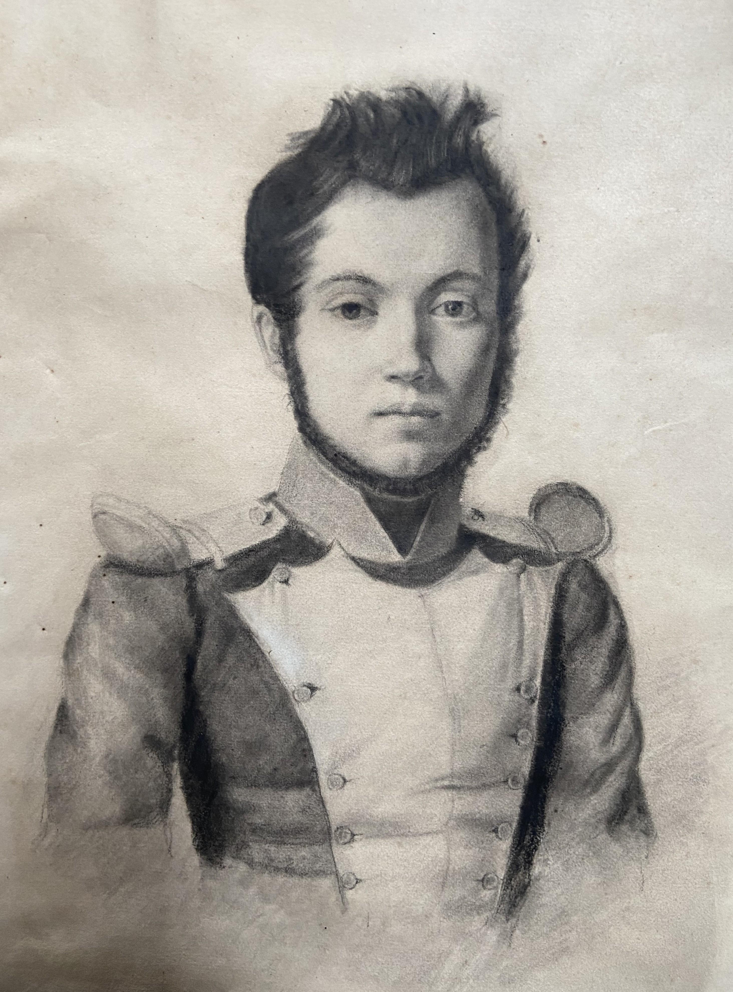 Französische romantische Schule, Porträt eines jungen Soldaten, Zeichnung