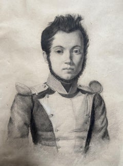 Antique French Romantic school, Portrait of a young soldier, drawing