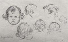 Antique Eugène Carrière (1849-1906) Studies of a baby's head, drawing signed