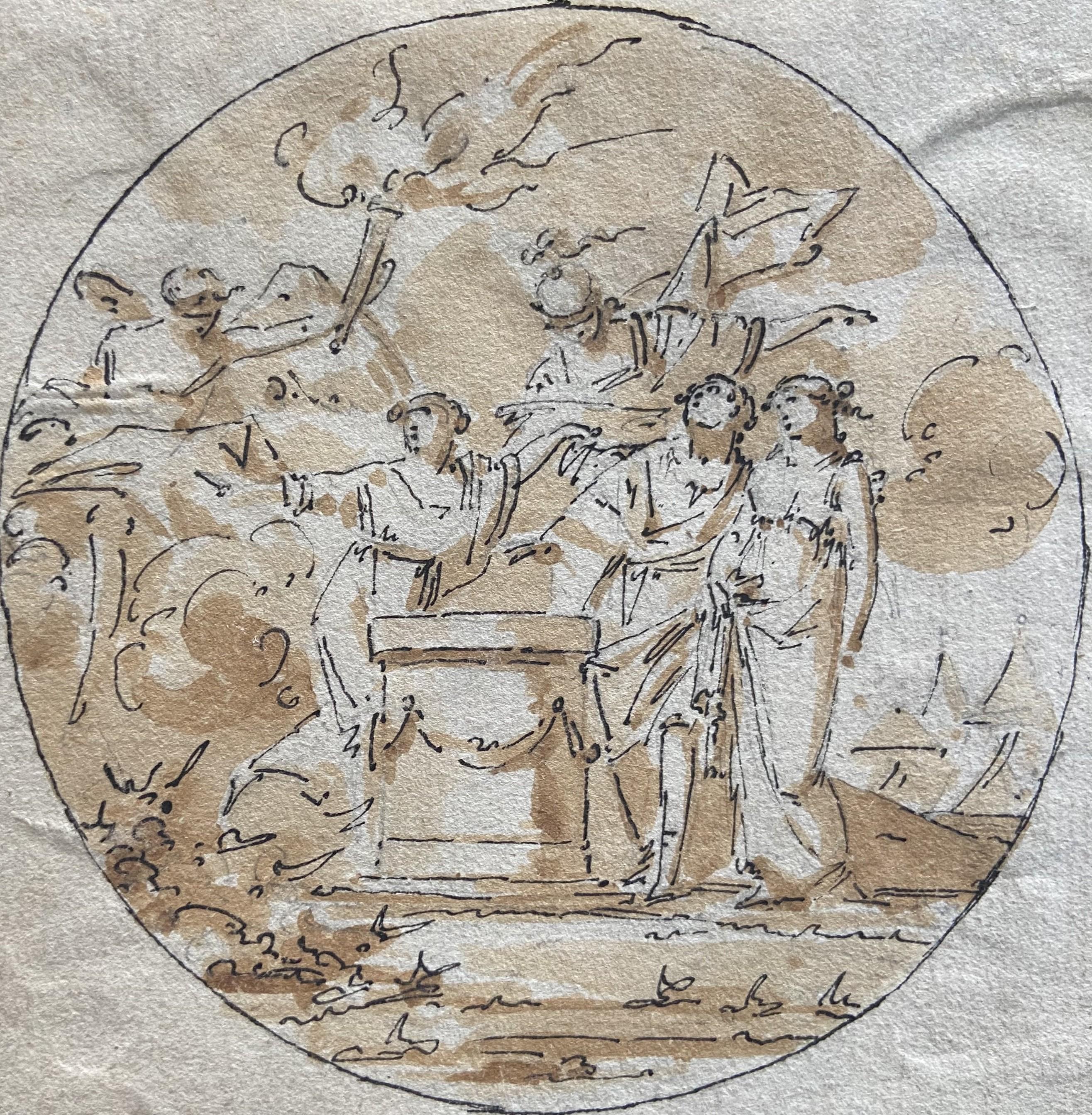 Figurative Art de Unknown - Escuela francesa Siglo XVIII,  Una escena mitológica con una pareja, dibujo