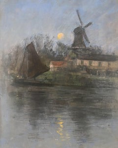 Siebe Johannes Ten Cate (1858-1908) Molino y velero a la luz de la luna, pastel