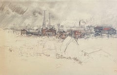 Charles Jouas (1866-1942) Un paesaggio suburbano, disegno a matita a colori