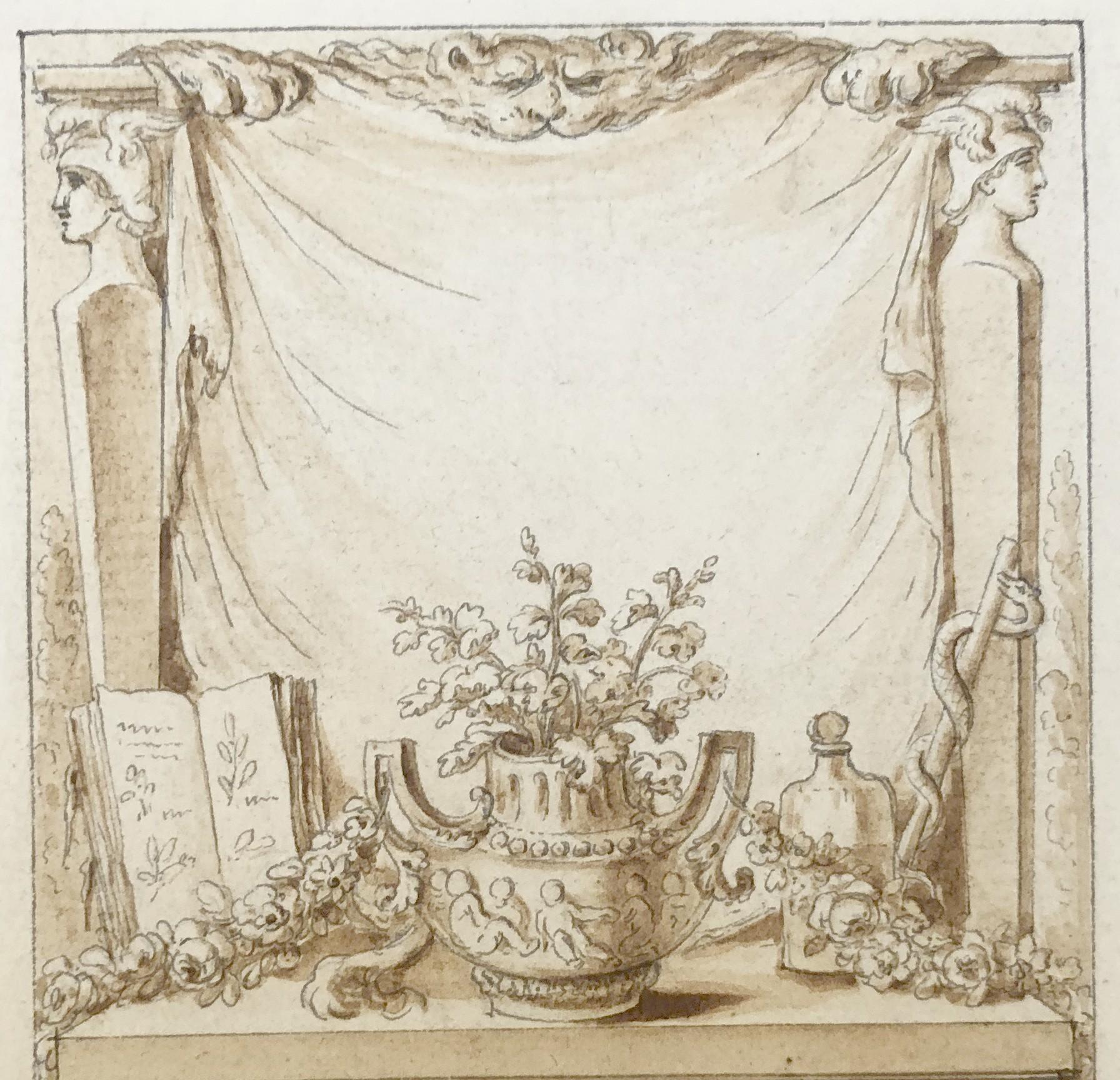 18th century French Neo Classical school, Study for frontispiece, drawing - Old Masters Art by Unknown