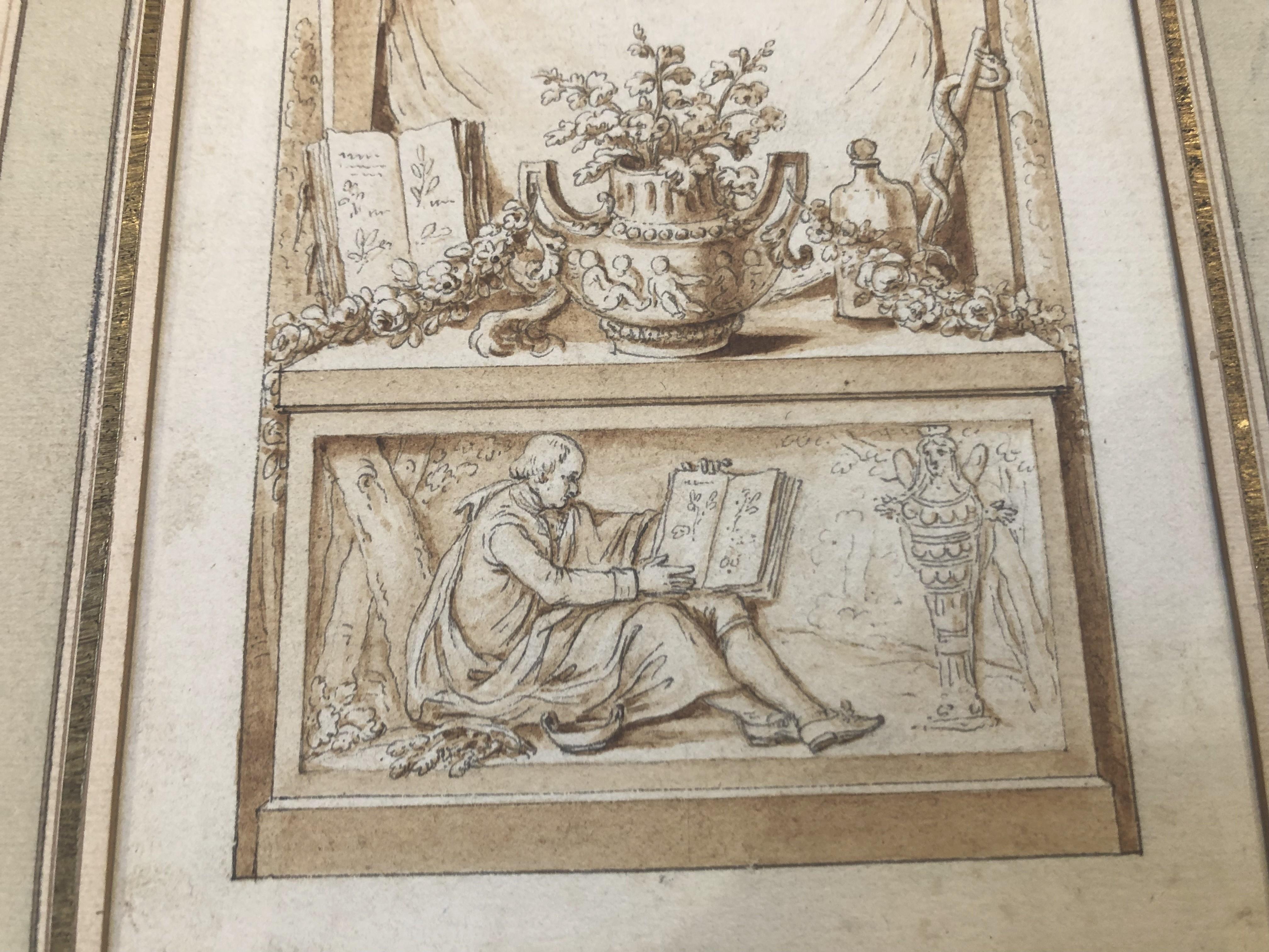 18th century French Neo Classical school,
Study for frontispiece, 
Brown ink and pen, brown ink wash on paper
15,5 x 11 cm, 13 x 8.5 cm for the main motive
Framed : 27 x 21 cm

This drawing is full of details related to medicine, such as the