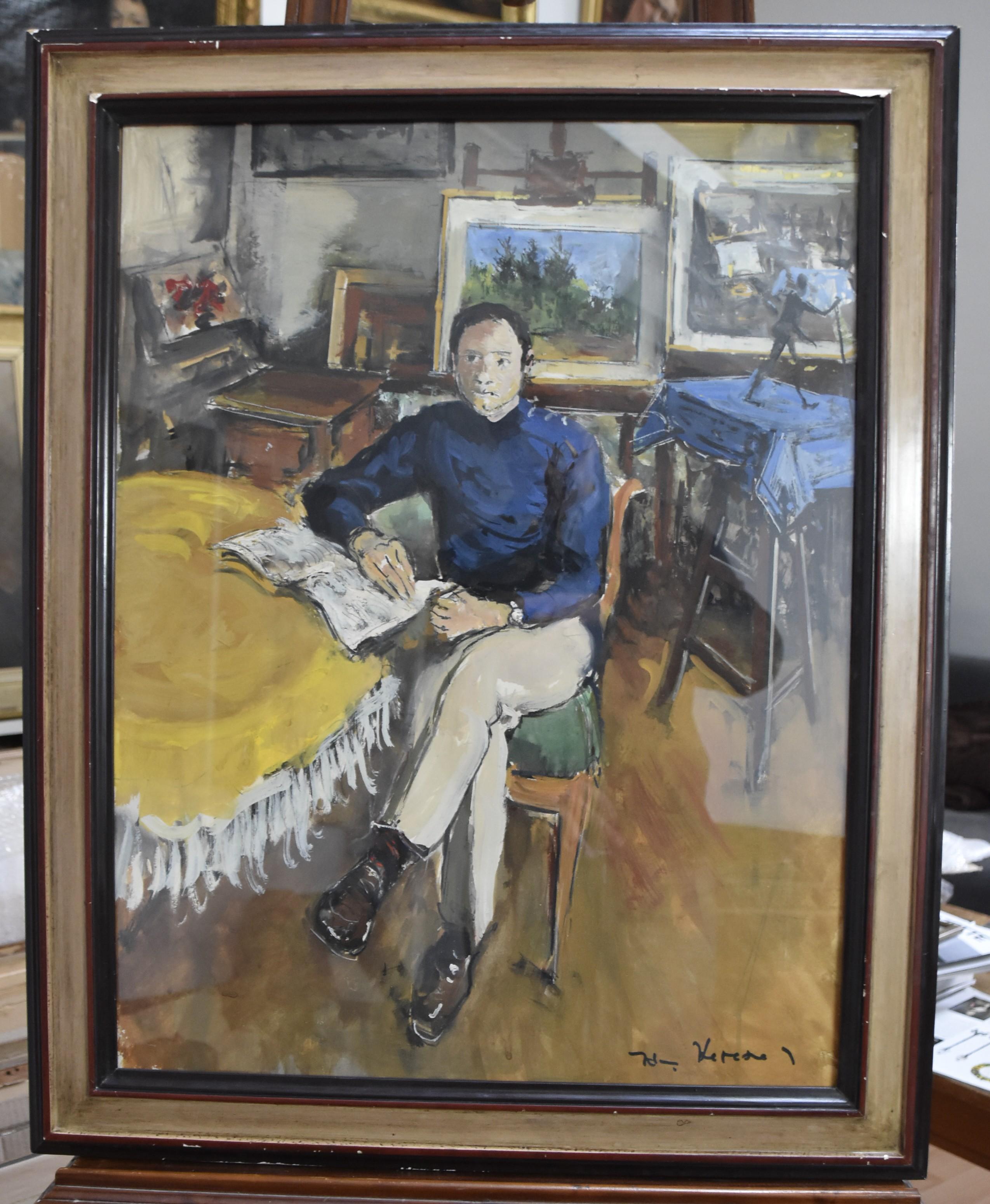 Jacques Thevenet (1891-1989) Portrait d'un homme dans l'atelier, signé Gouache - Art de Jacques Thévenet