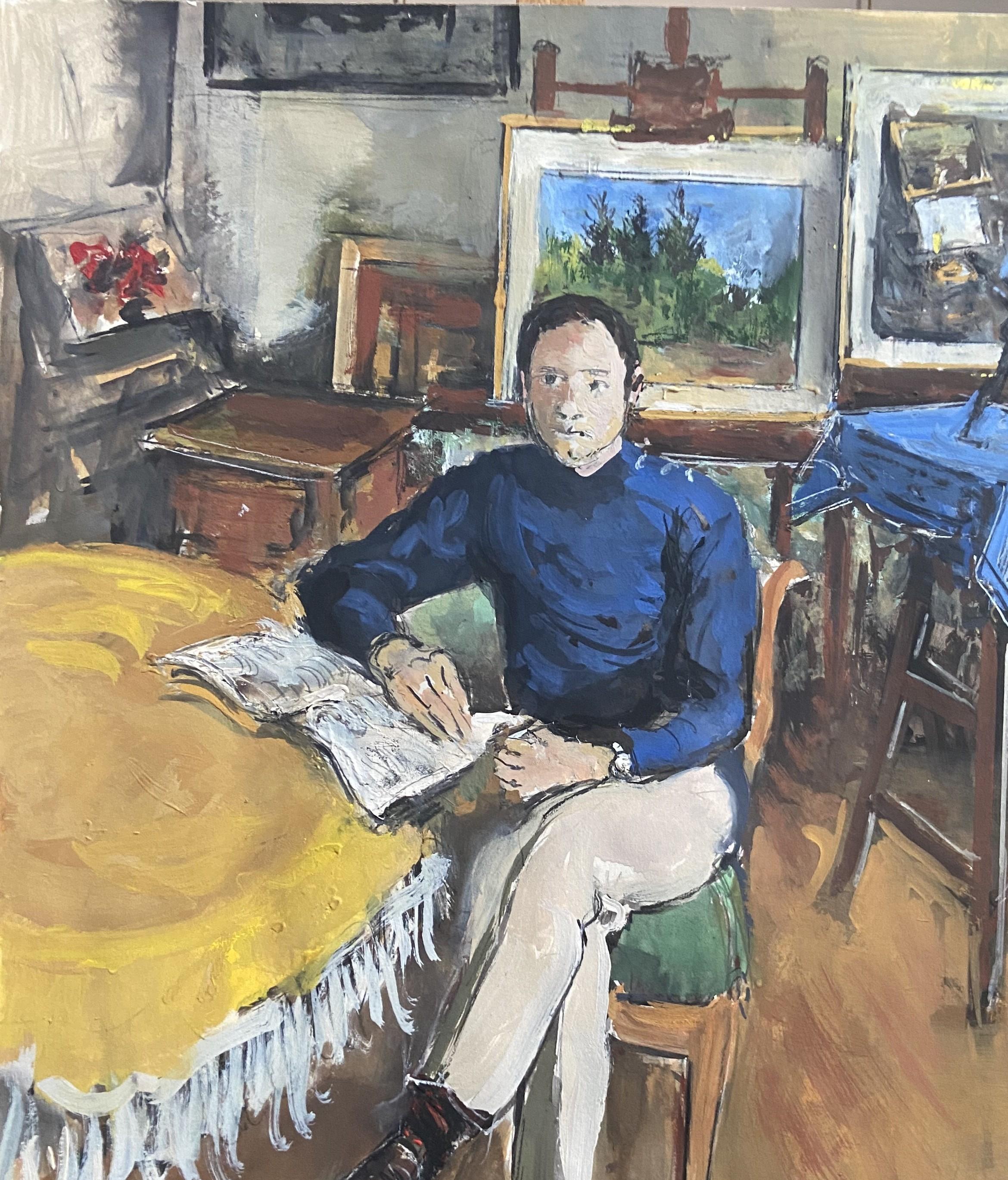 Jacques Thevenet (1891-1989) Portrait of a man in the studio, signed Gouache - Gray Figurative Art by Jacques Thévenet