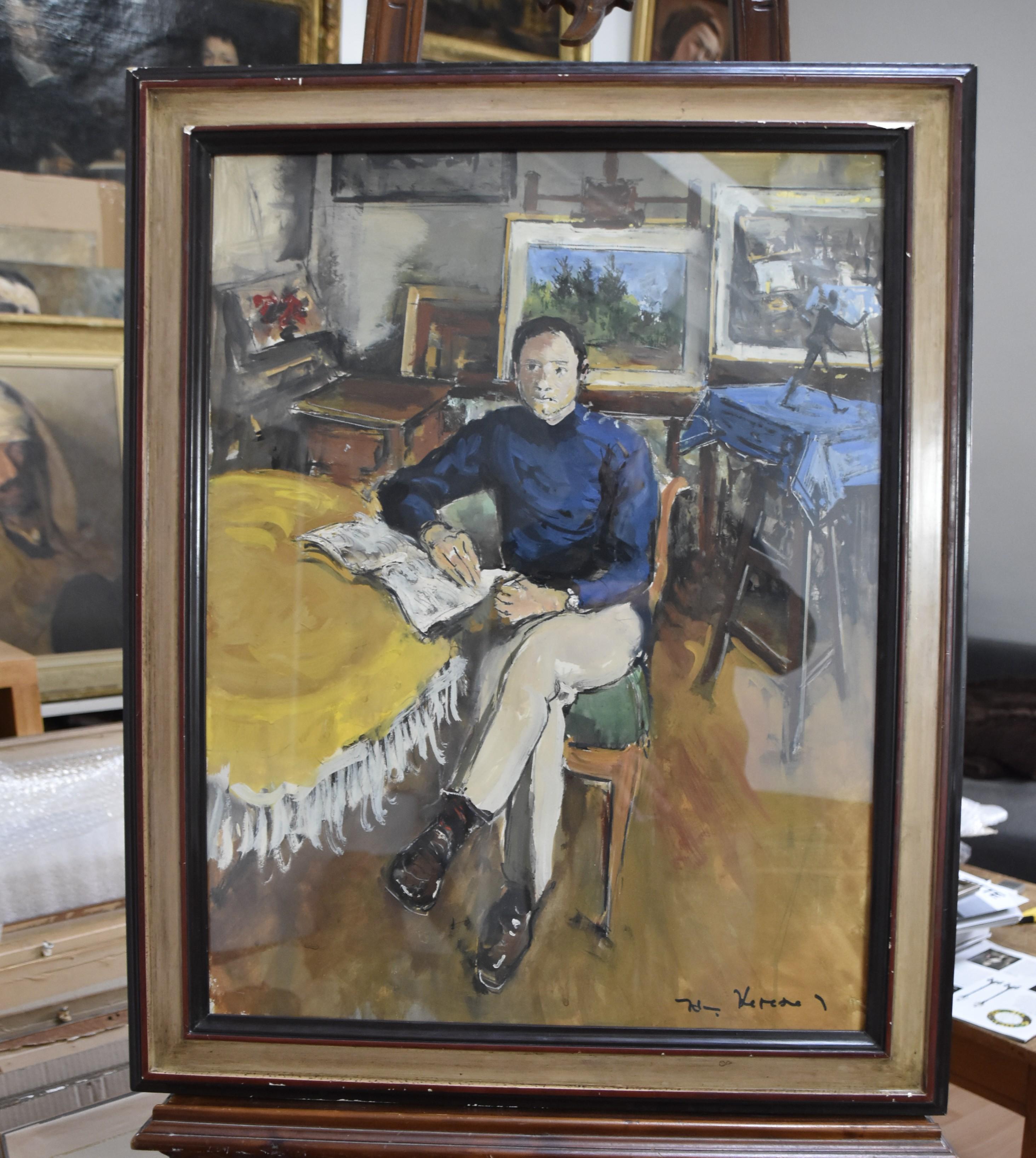 Jacques Thevenet (1891-1989) Portrait of a man in the studio, signed Gouache For Sale 1