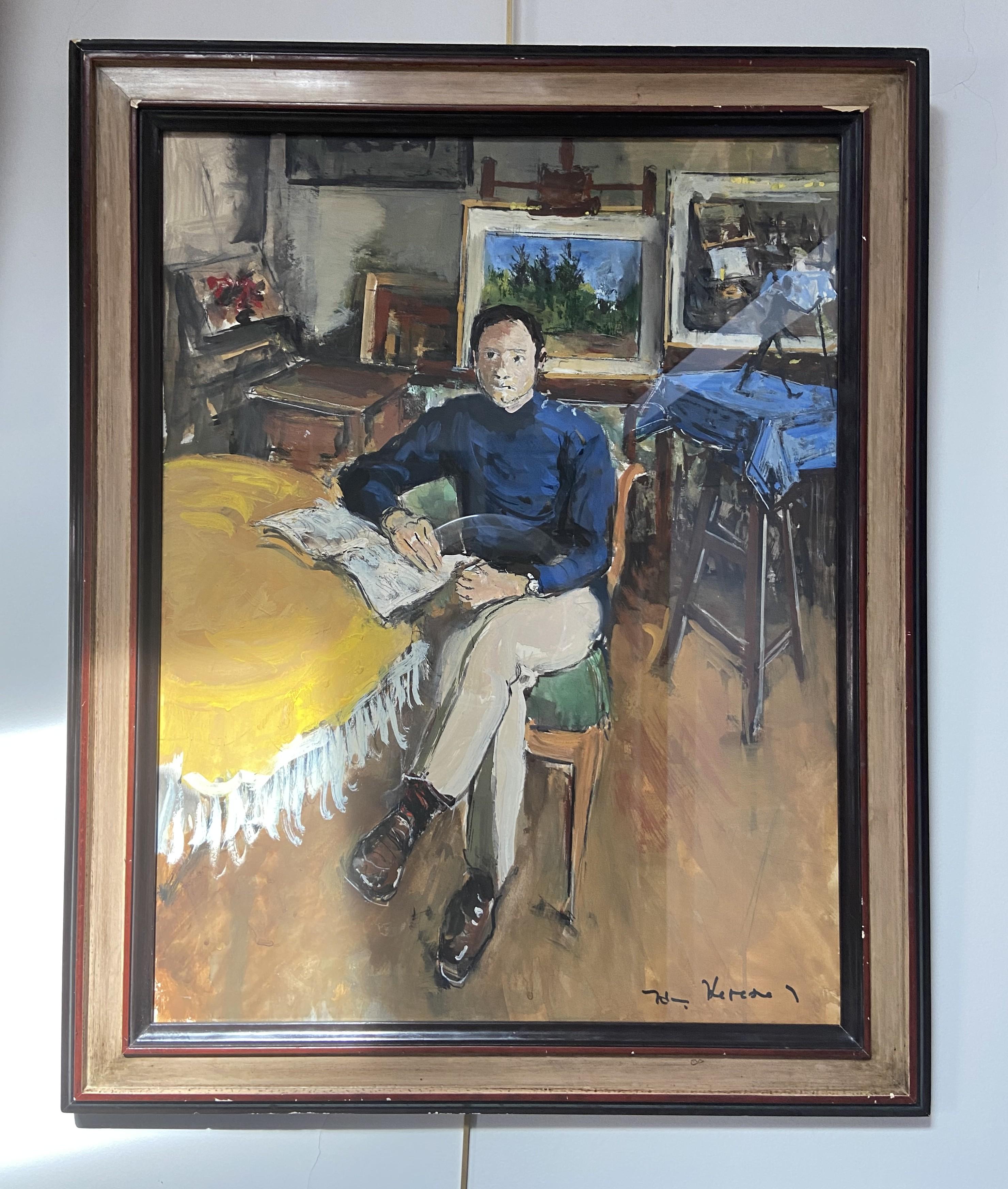 Jacques Thevenet (1891-1989) Portrait of a man in the studio, signed Gouache For Sale 6
