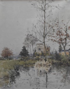 Paul Lecomte (1842-1920) Un manoir près d'un étang, aquarelle signée