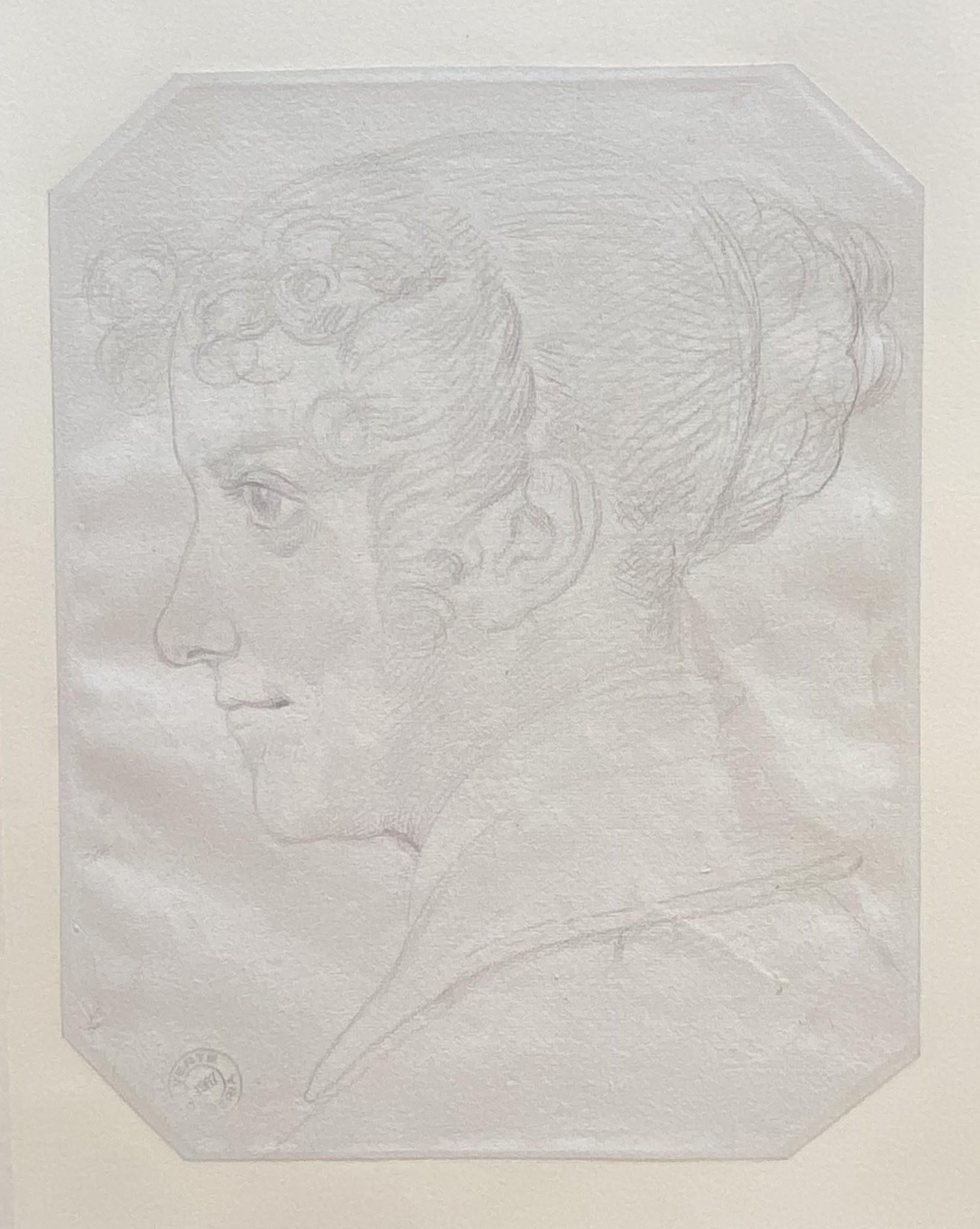 Achille Devéria (1800-1857) 
Eine junge Frau im Profil gesehen
Schwarze Kreide auf Papier
mit Schnittkanten 
Mit dem Stempel des Achille Deveria Estate Sale von 1967 unten links 
31.5 x 24,5 cm
Im Original-Passepartout: 45 x 35 cm
Nicht