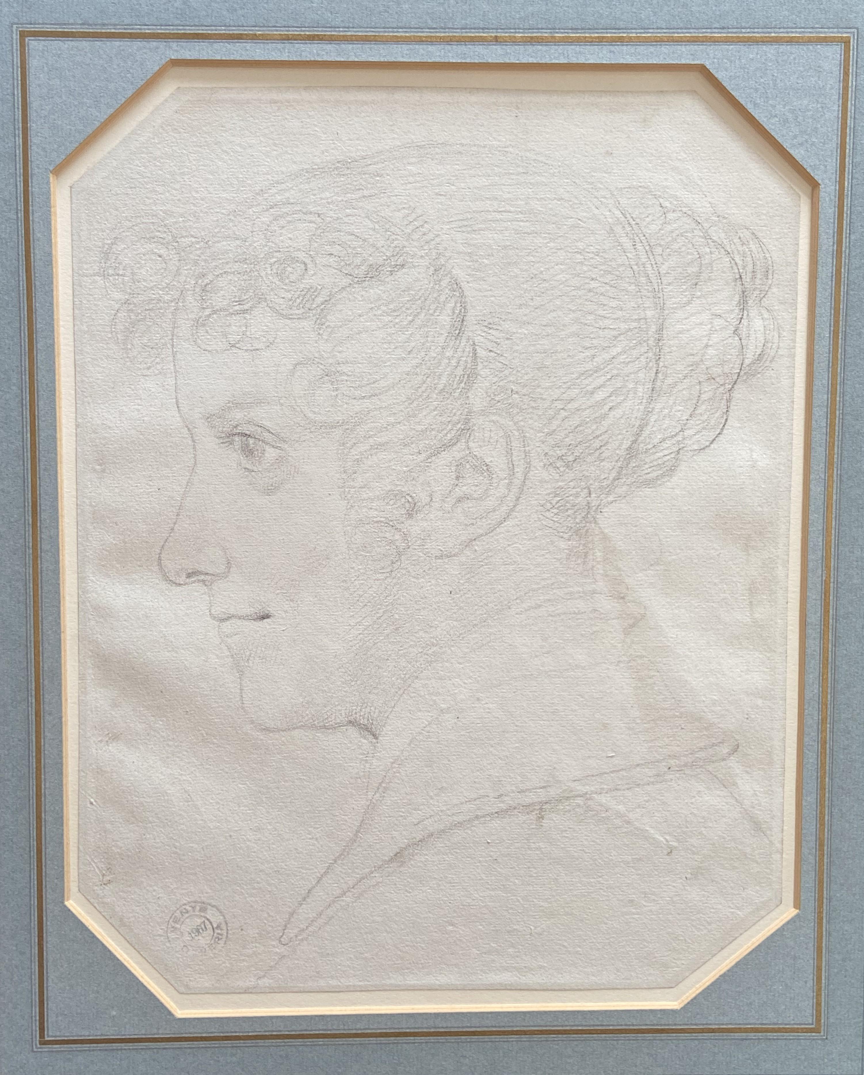 Achille Devria (1800-1857) Eine junge Frau im Profil zu sehen, Originalzeichnung (Grau), Figurative Art, von Achille Devéria
