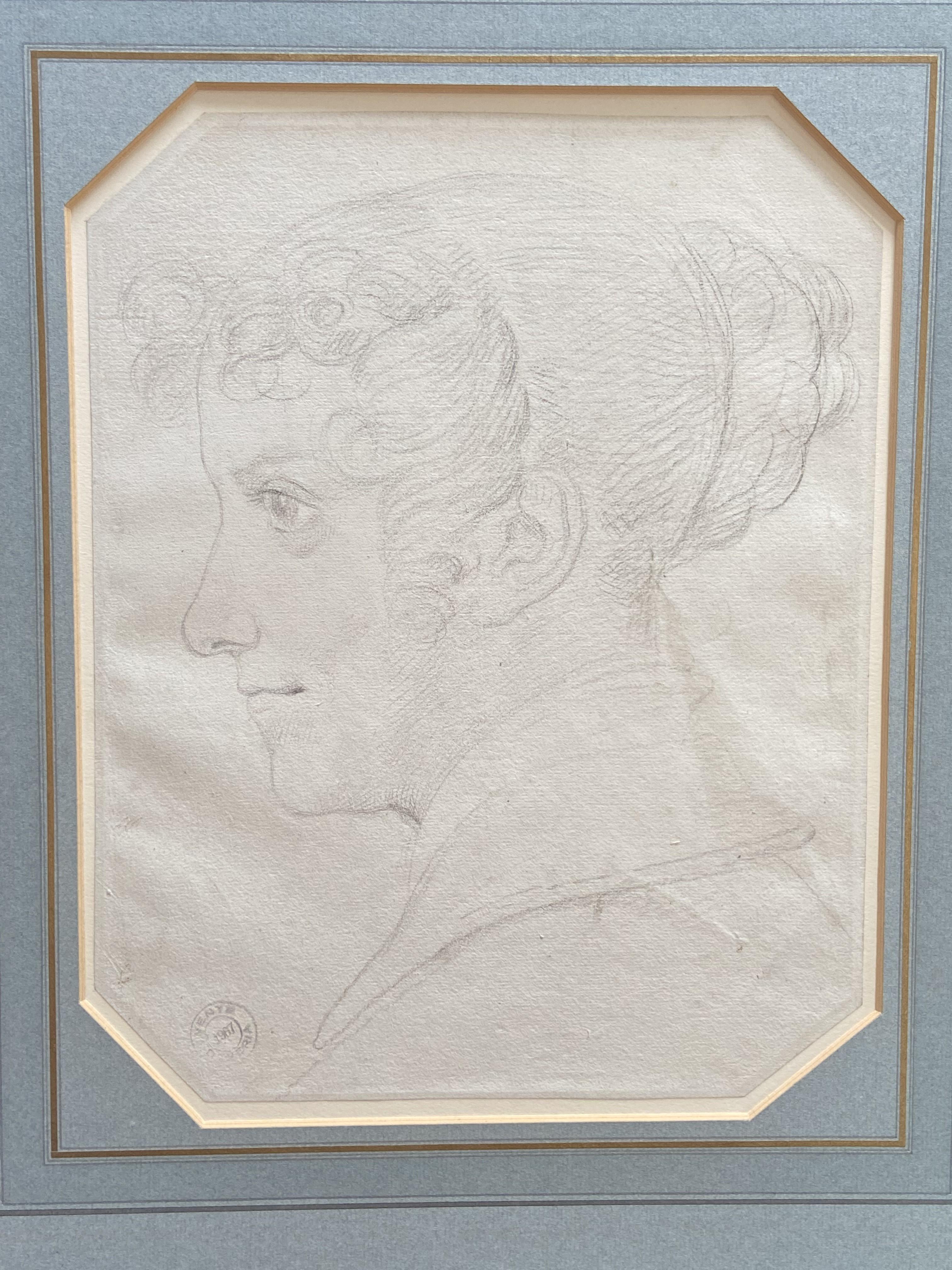 Achille Devria (1800-1857) Eine junge Frau im Profil zu sehen, Originalzeichnung im Angebot 2