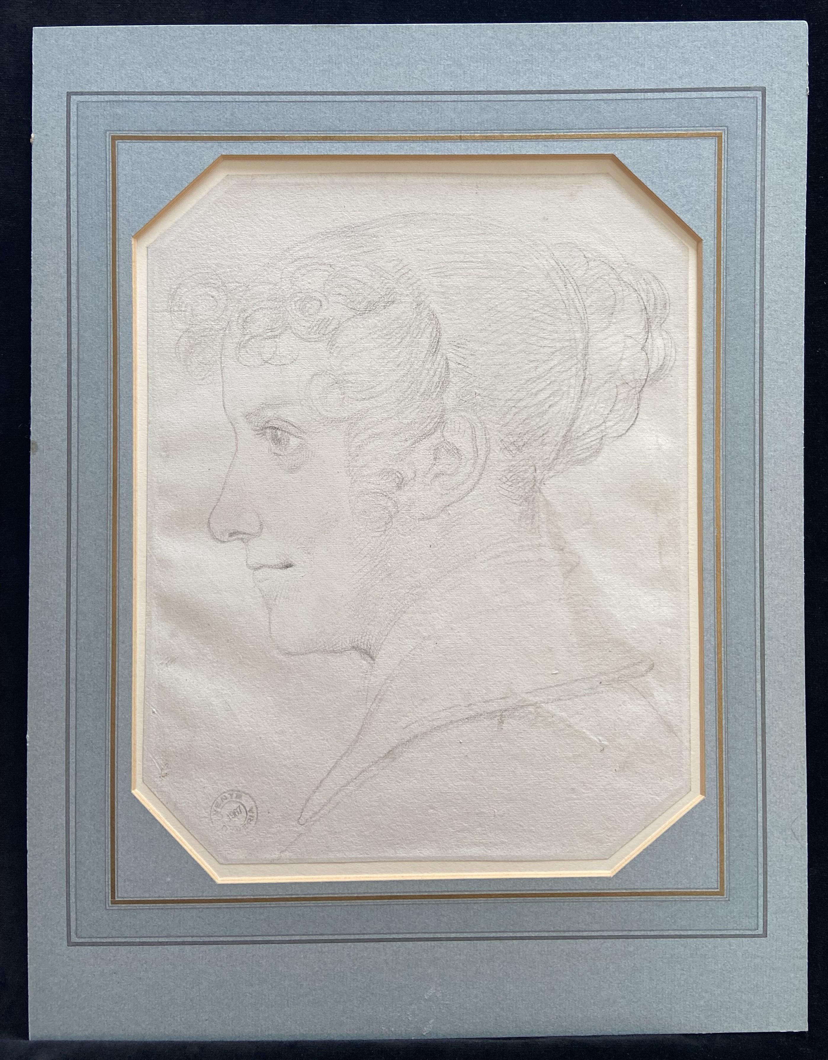 Achille Devéria Figurative Art – Achille Devria (1800-1857) Eine junge Frau im Profil zu sehen, Originalzeichnung
