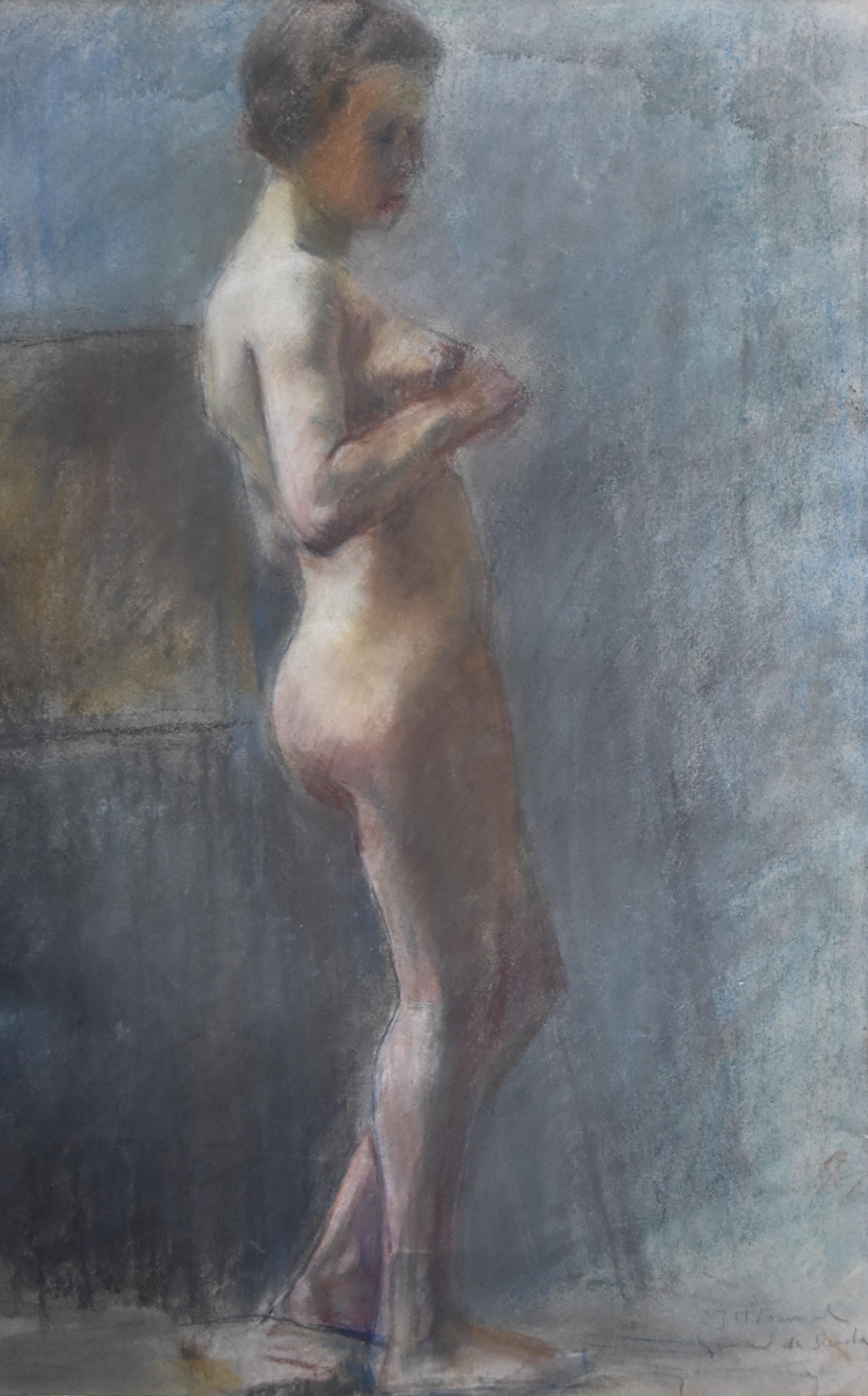 Lucien-Victor Guirand de Scévola Figurative Art – L V Guirand de Scevola (1871-1950) Eine junge nackte Frau, die steht , signiert Pastell