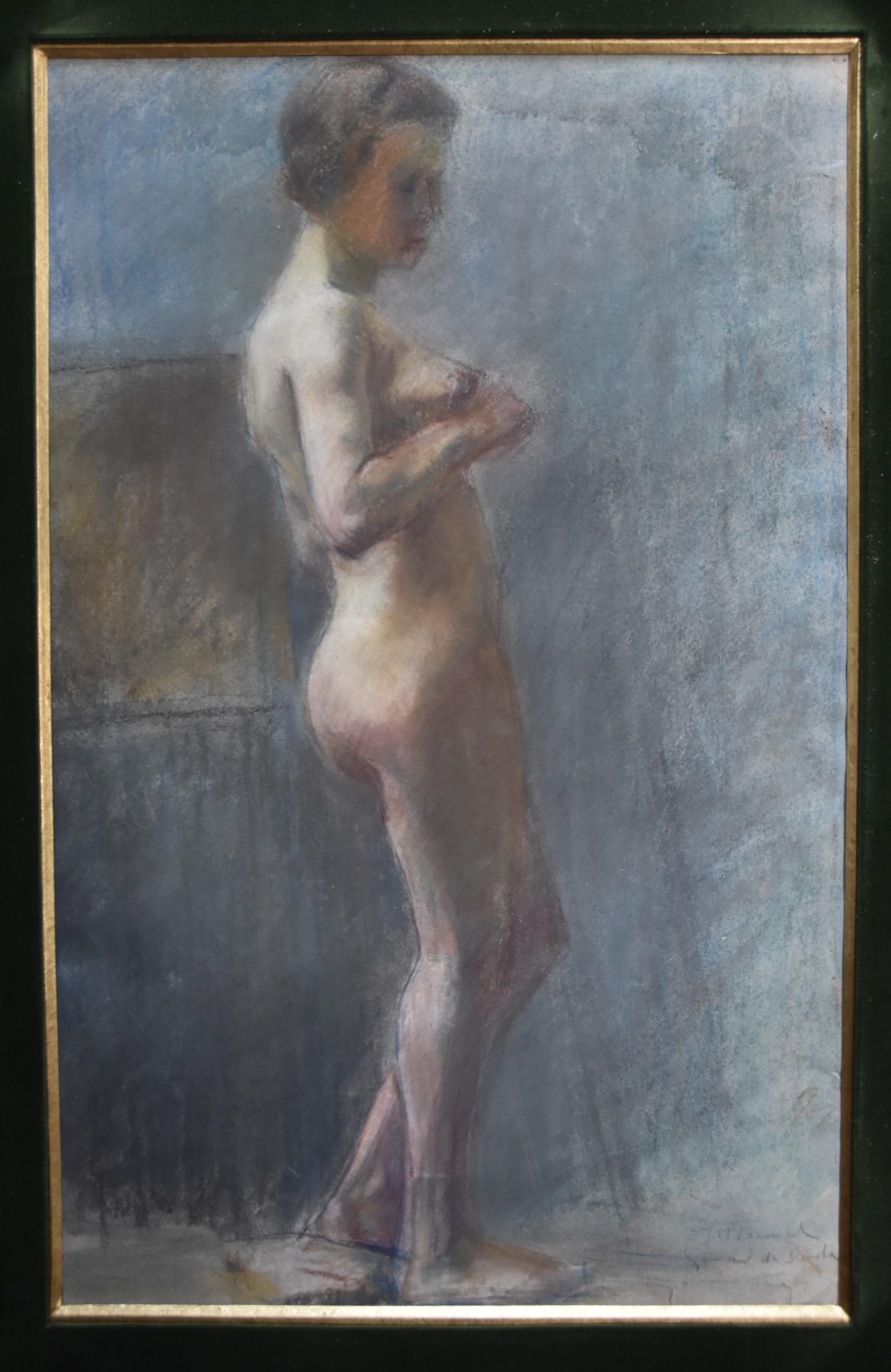 L V Guirand de Scevola (1871-1950) A young naked woman standing , Signed pastel - Art Deco Art by Lucien-Victor Guirand de Scévola