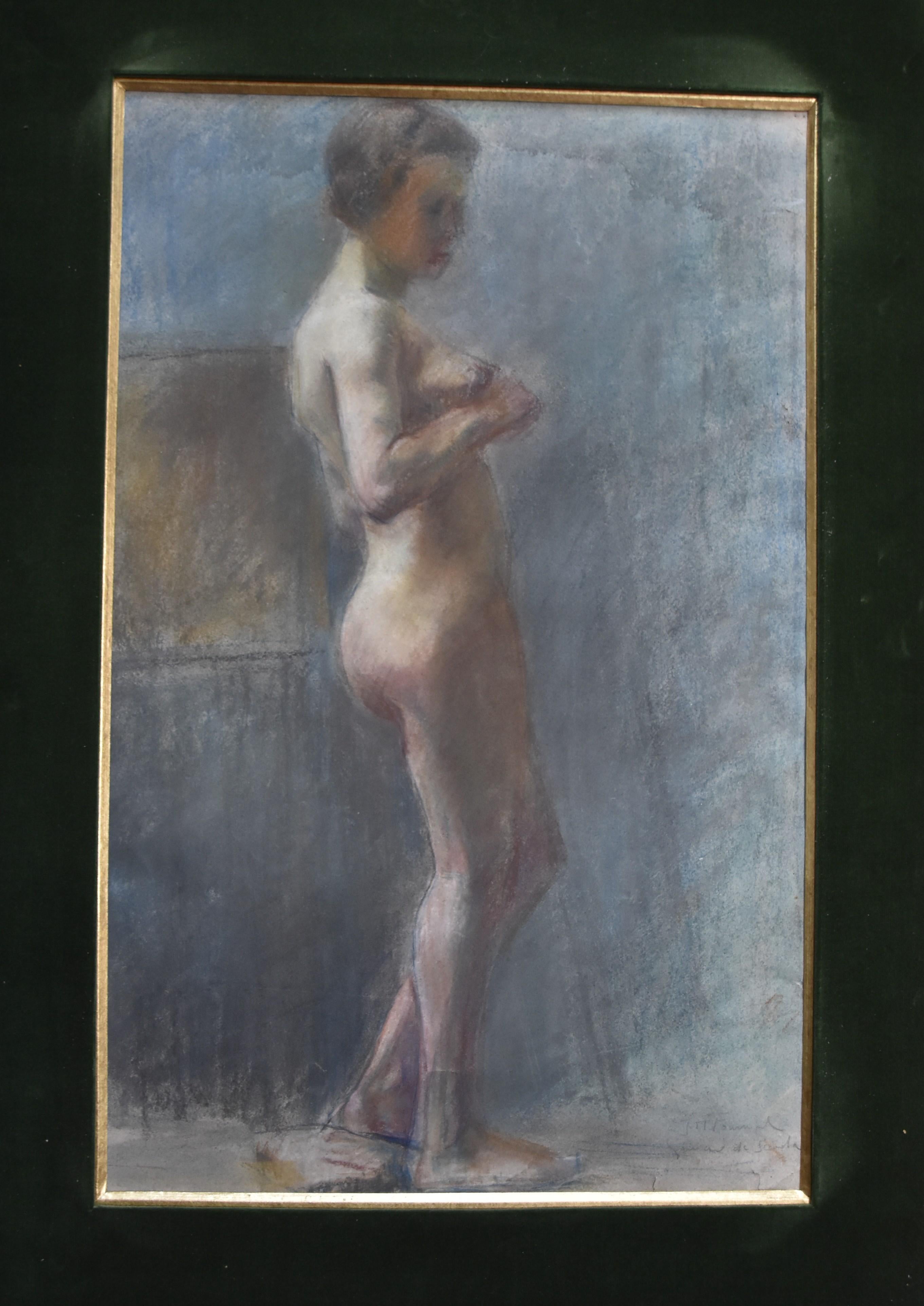 L V Guirand de Scevola (1871-1950) A young naked woman standing , Signed pastel - Gray Figurative Art by Lucien-Victor Guirand de Scévola