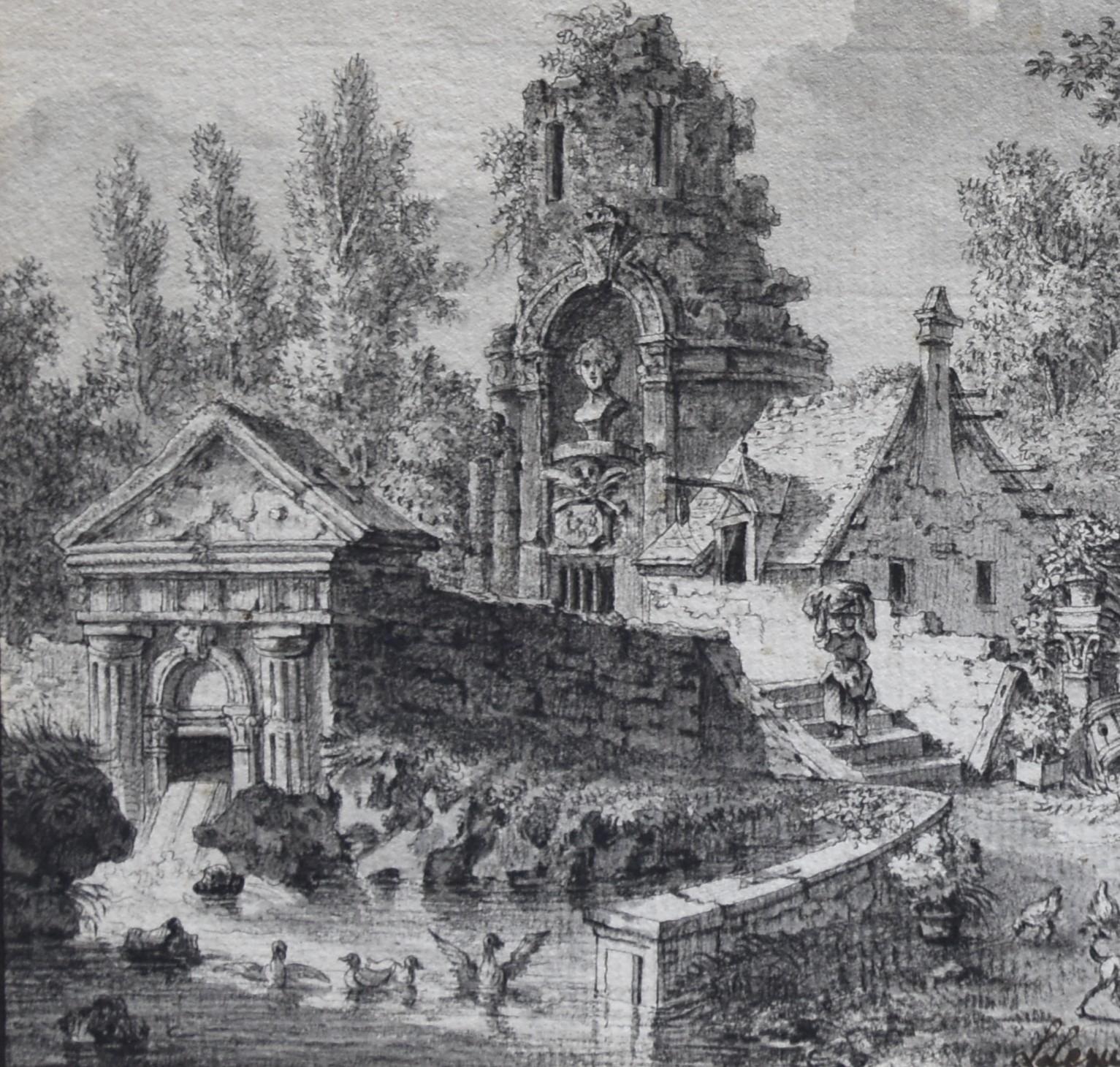 Louis Lesueur (1746-1803) Landschaft mit Ruinen, 1789, signierte und datierte Zeichnung im Angebot 2