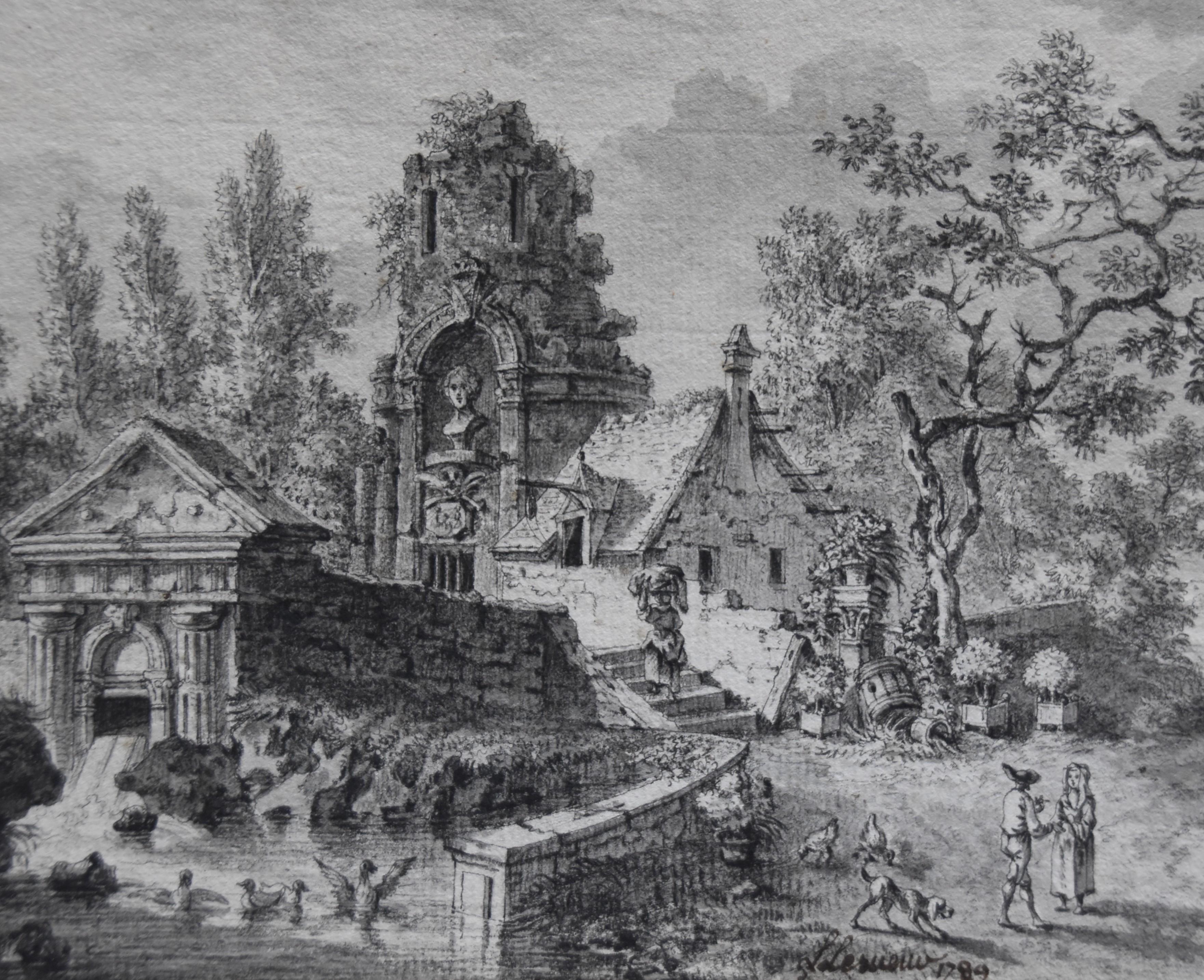 Louis Lesueur (1746-1803) Landschaft mit Ruinen, 1789, signierte und datierte Zeichnung im Angebot 3