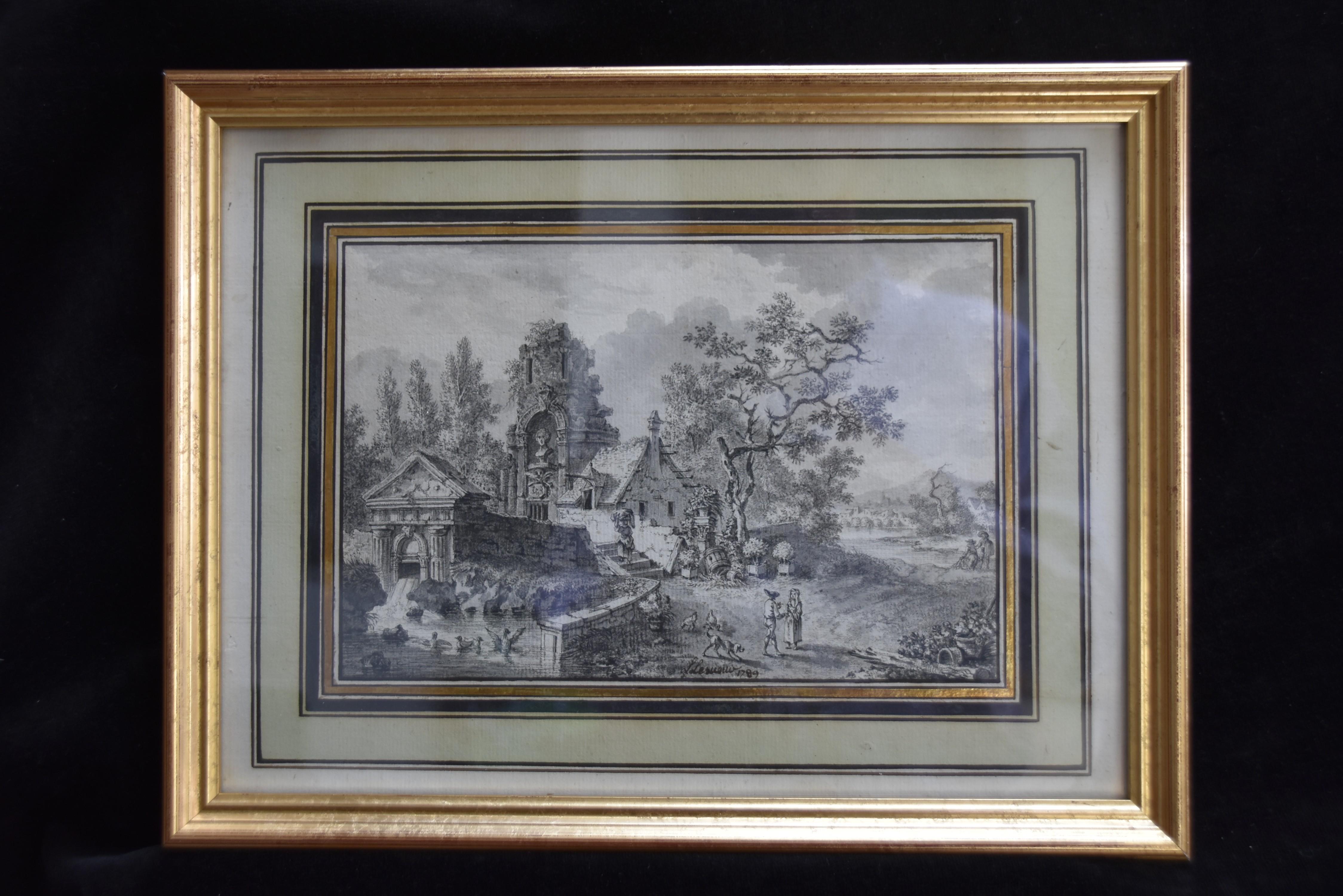 Louis Lesueur (1746-1803) Landscape with ruins, 1789, drawing signed and dated For Sale 2