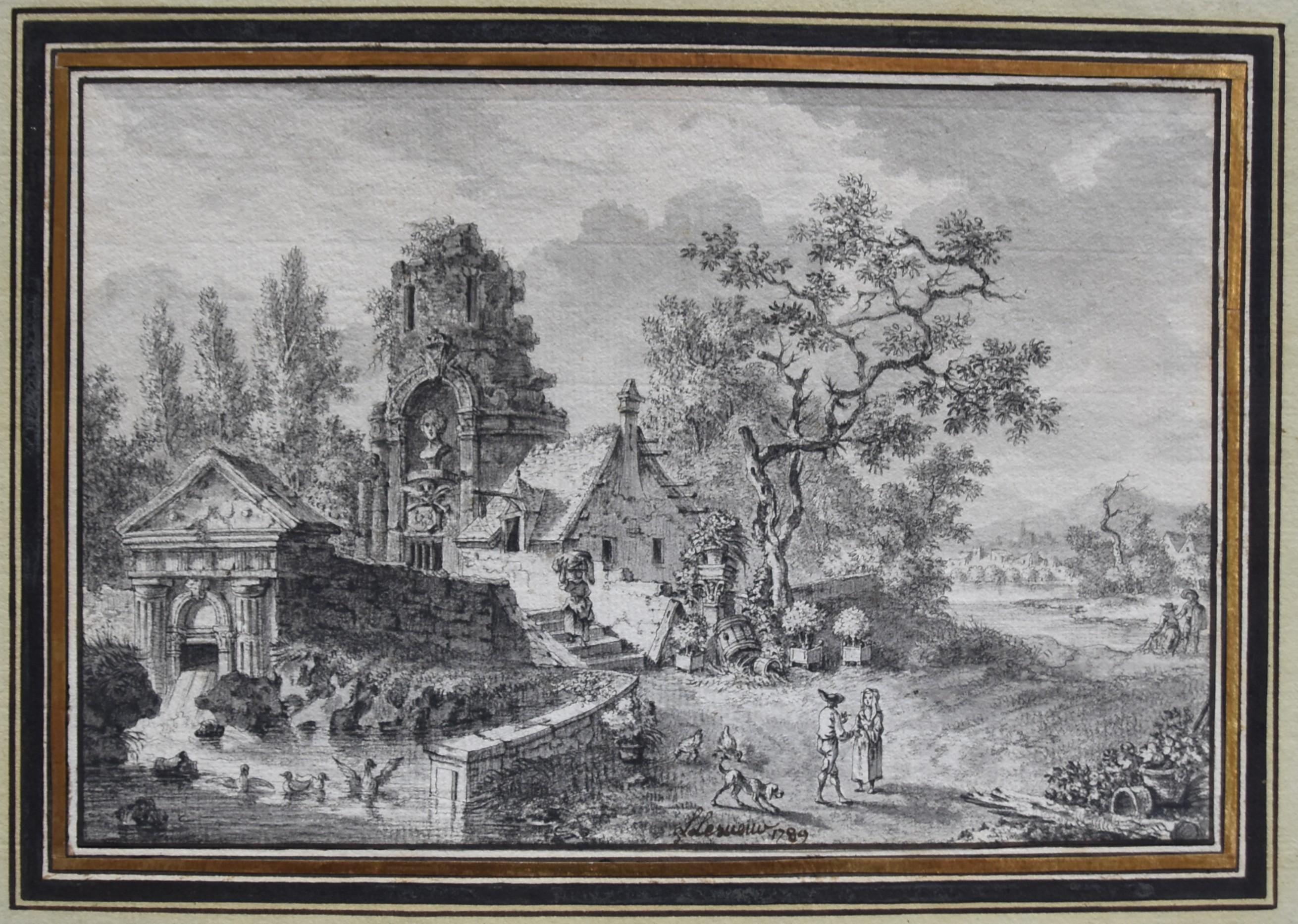 Louis Lesueur (1746-1803) Landschaft mit Ruinen, 1789, signierte und datierte Zeichnung im Angebot 12