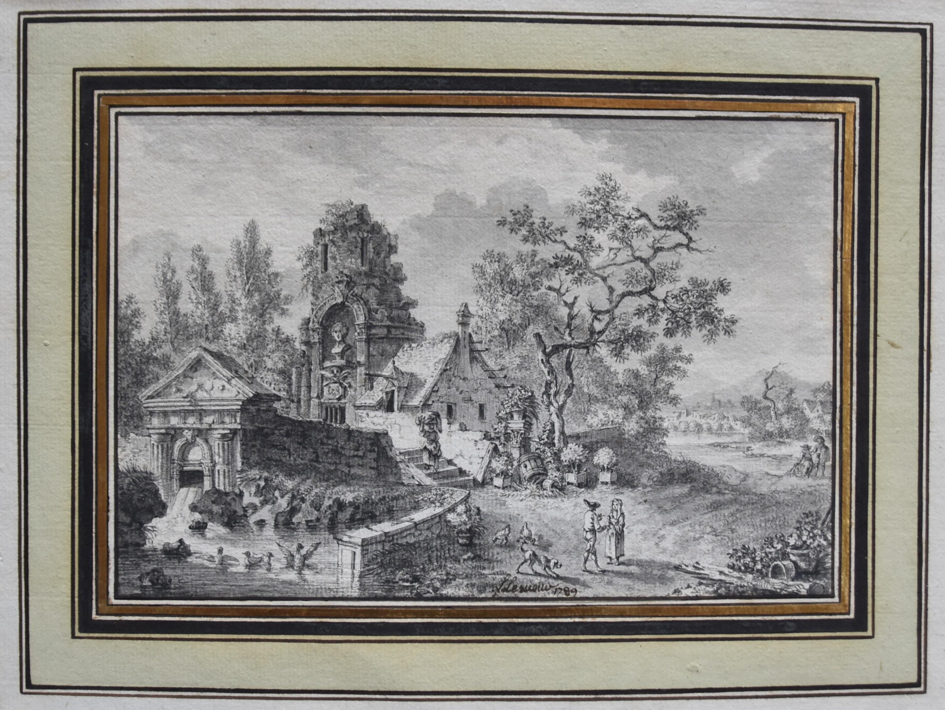 Louis Lesueur (1746-1803) Landschaft mit Ruinen, 1789, signierte und datierte Zeichnung im Angebot 10