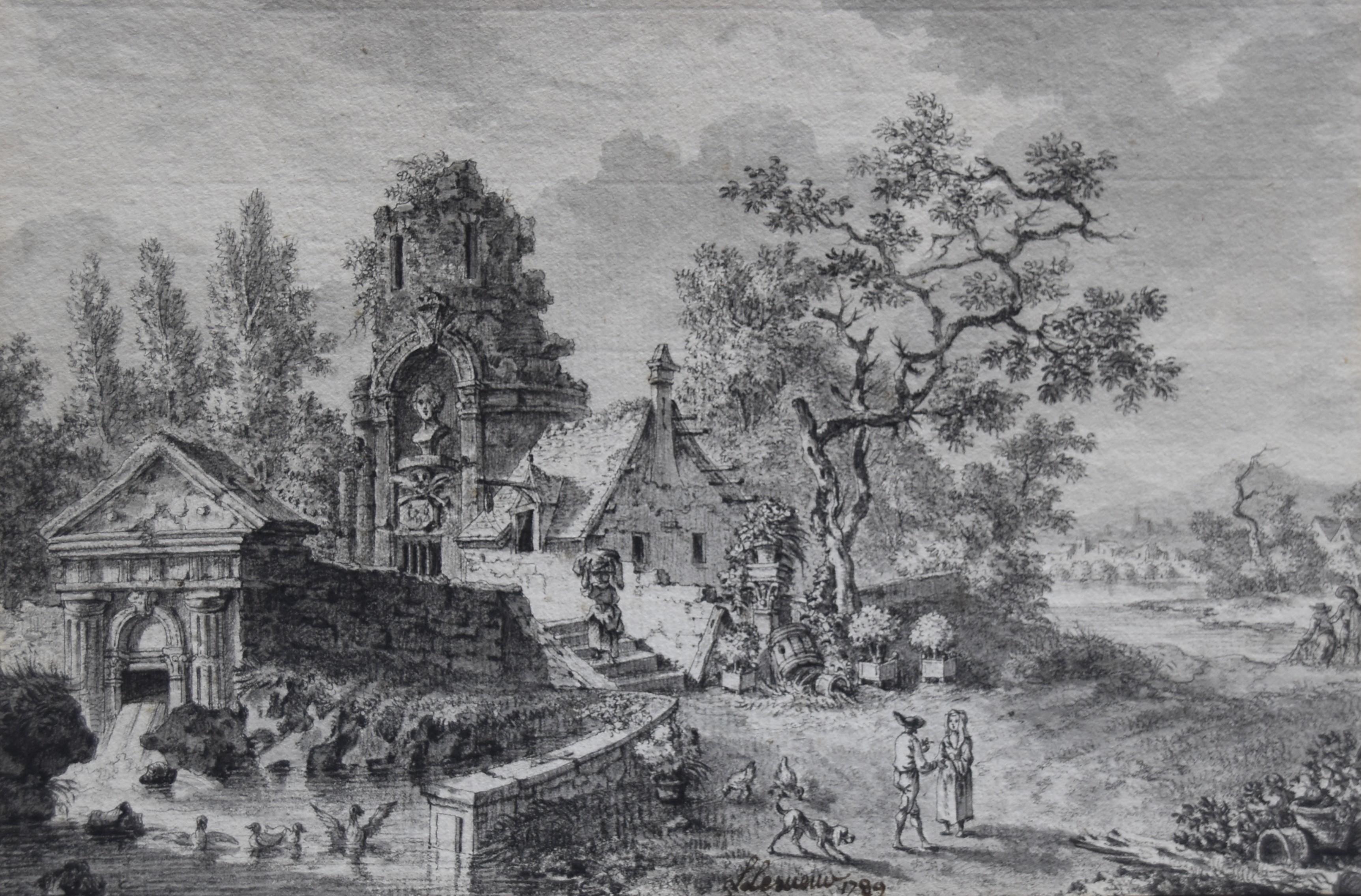 Louis Lesueur (1746-1803) 
Eine Fantasielandschaft mit antiken Ruinen, 1789,
signiert und datiert "L Lesueur 1789" in der unteren Mitte
Feder und Tinte und Tinte laviert auf Papier 
14.8 x 22 cm
In gutem Zustand
Gerahmt : 27 x 34,5 cm

Diese