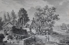 Antique Louis Lesueur (1746-1803) Landscape with ruins, 1789, drawing signed and dated