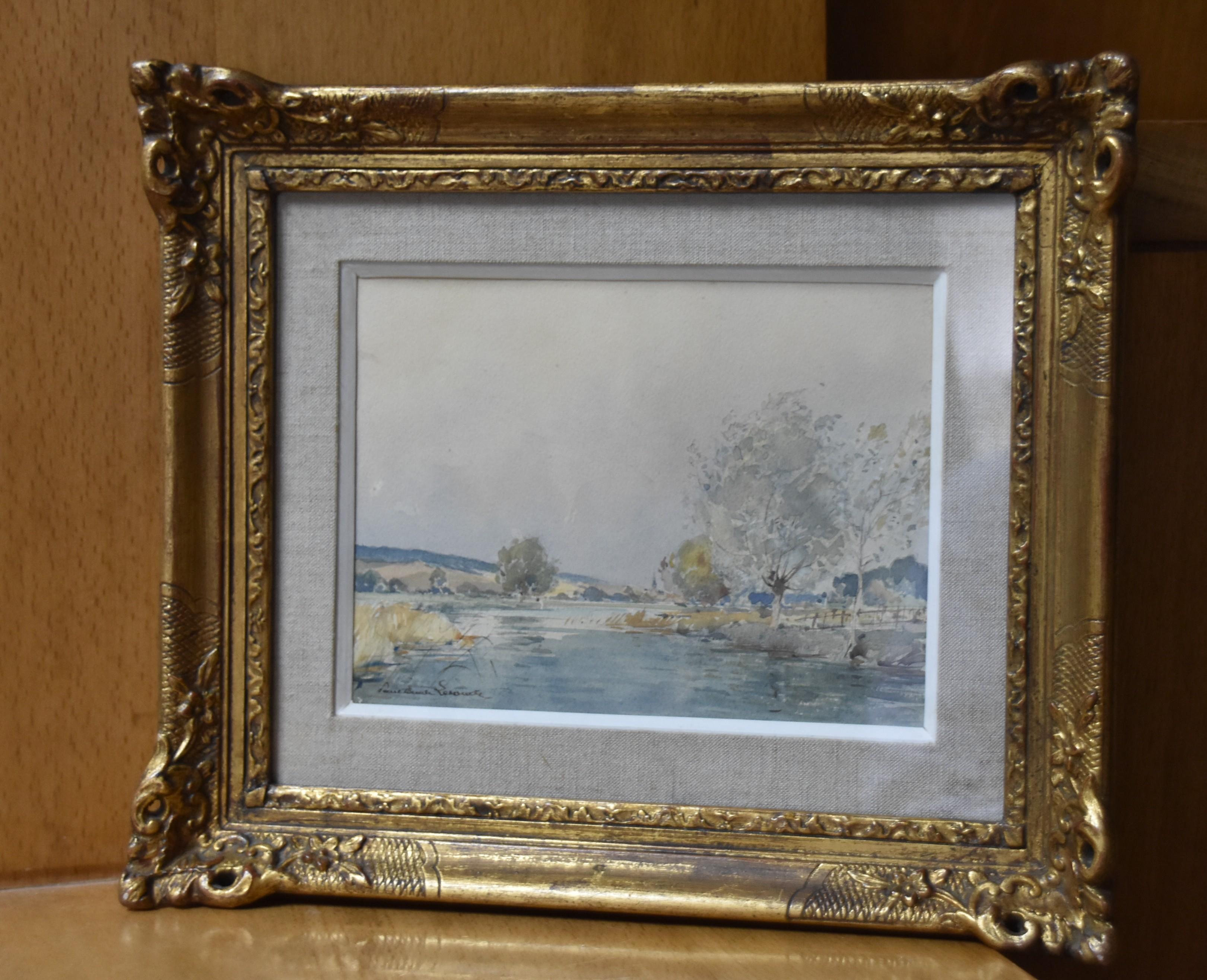 Paul Emile Lecomte (1877-1950)  Paesaggio con laghetto, acquerello firmato 9