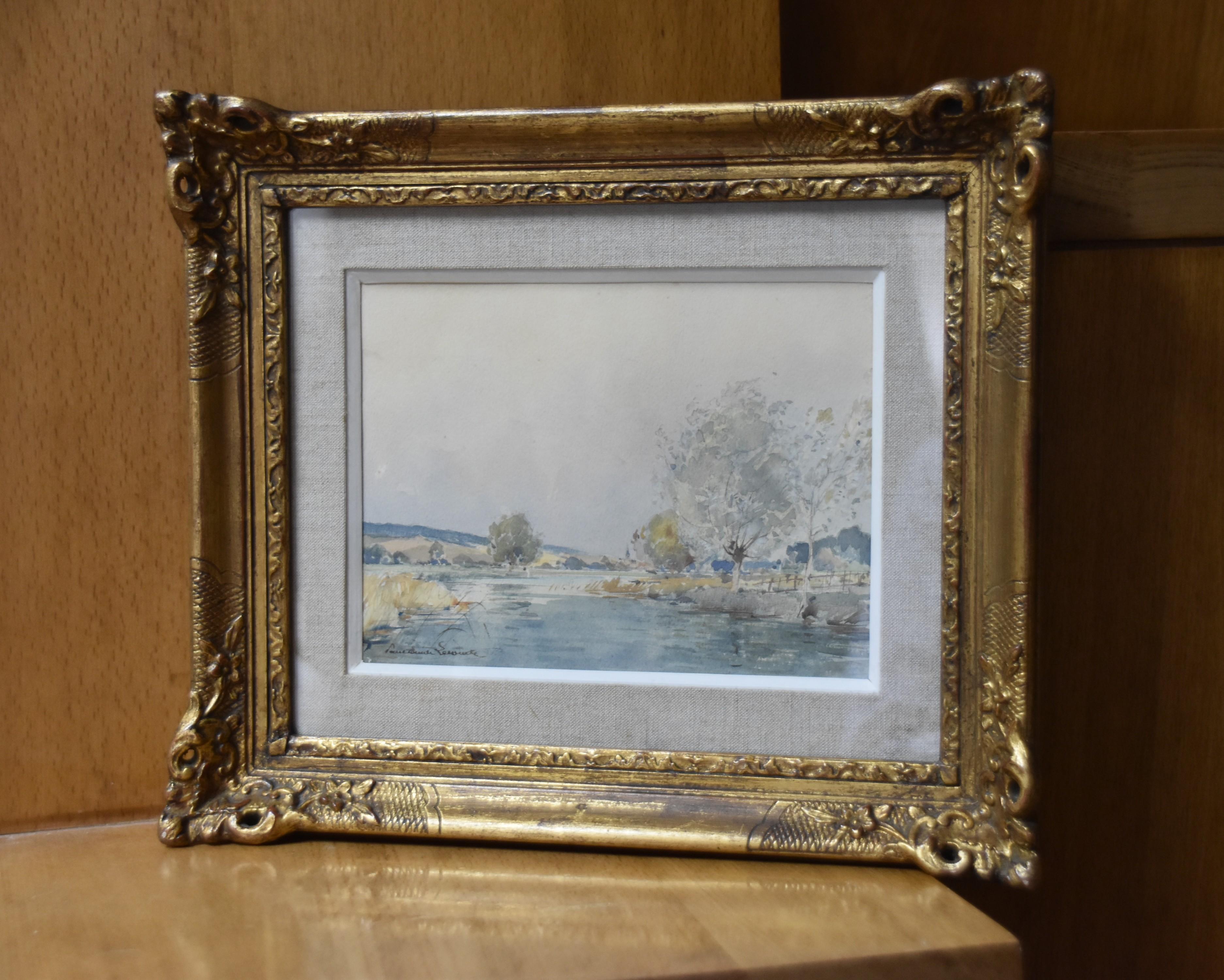 Paul Emile Lecomte (1877-1950)  Paesaggio con laghetto, acquerello firmato 8